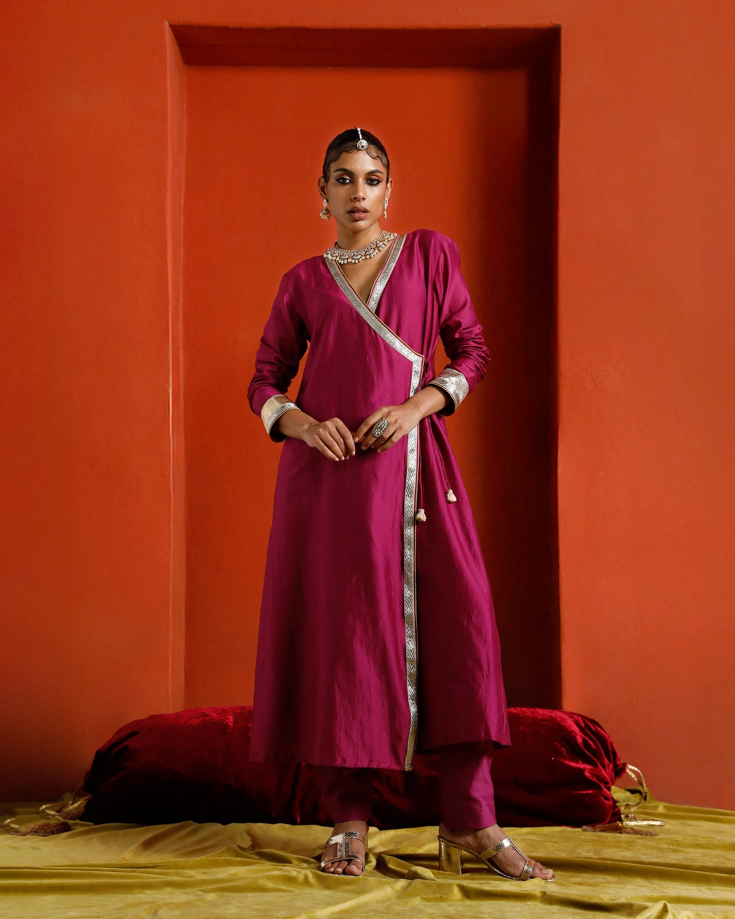 Pink Pure Chanderi Angrakha With Gota Patti