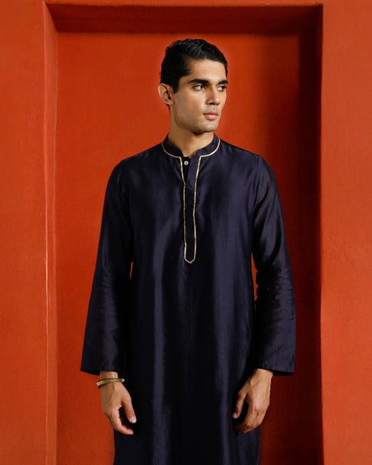 Midnight Blue black Pure Chanderi Kurta With Gold Piping On Hidden Placket
