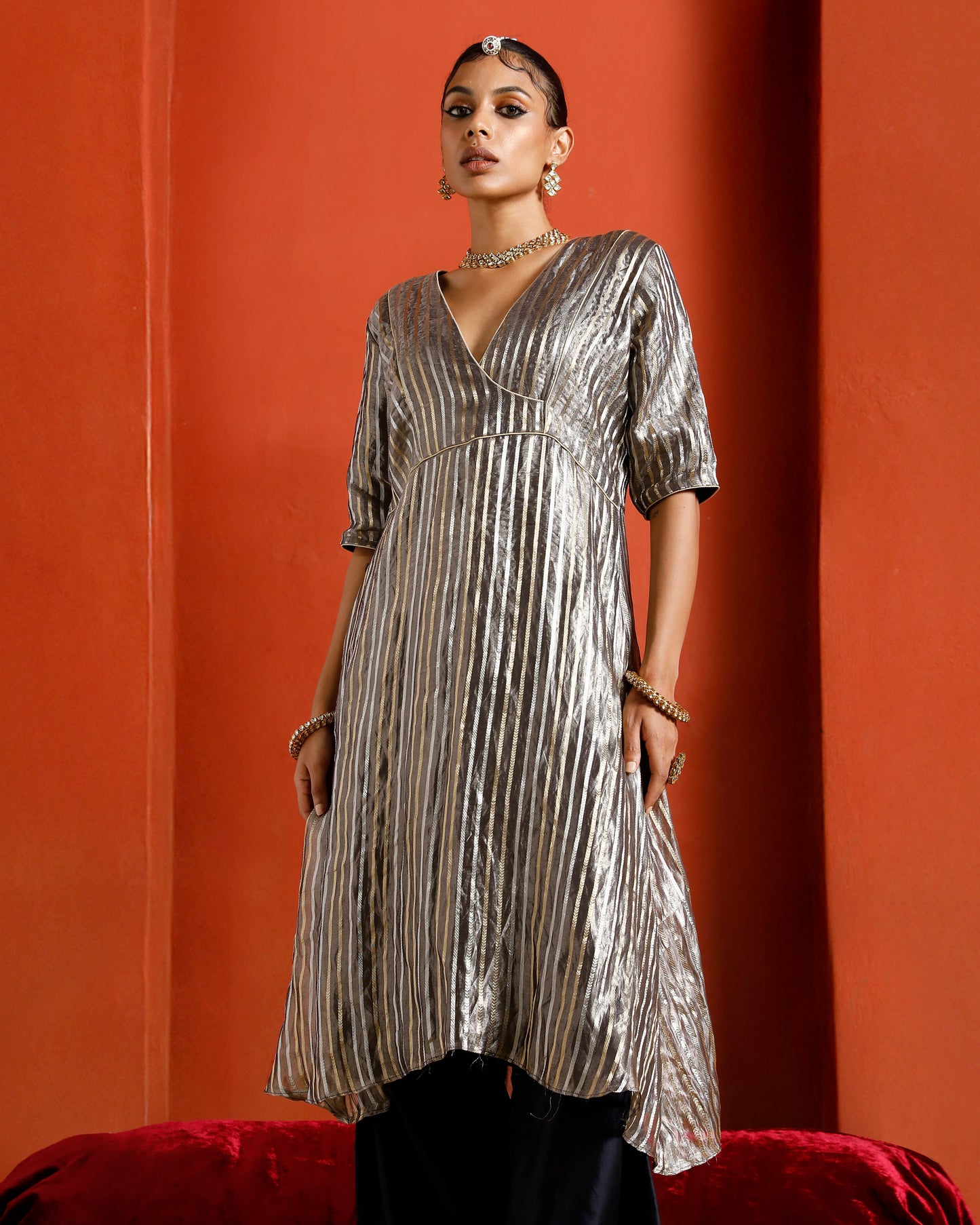 Silver Pure Tissue Brocade Semi Angrakha