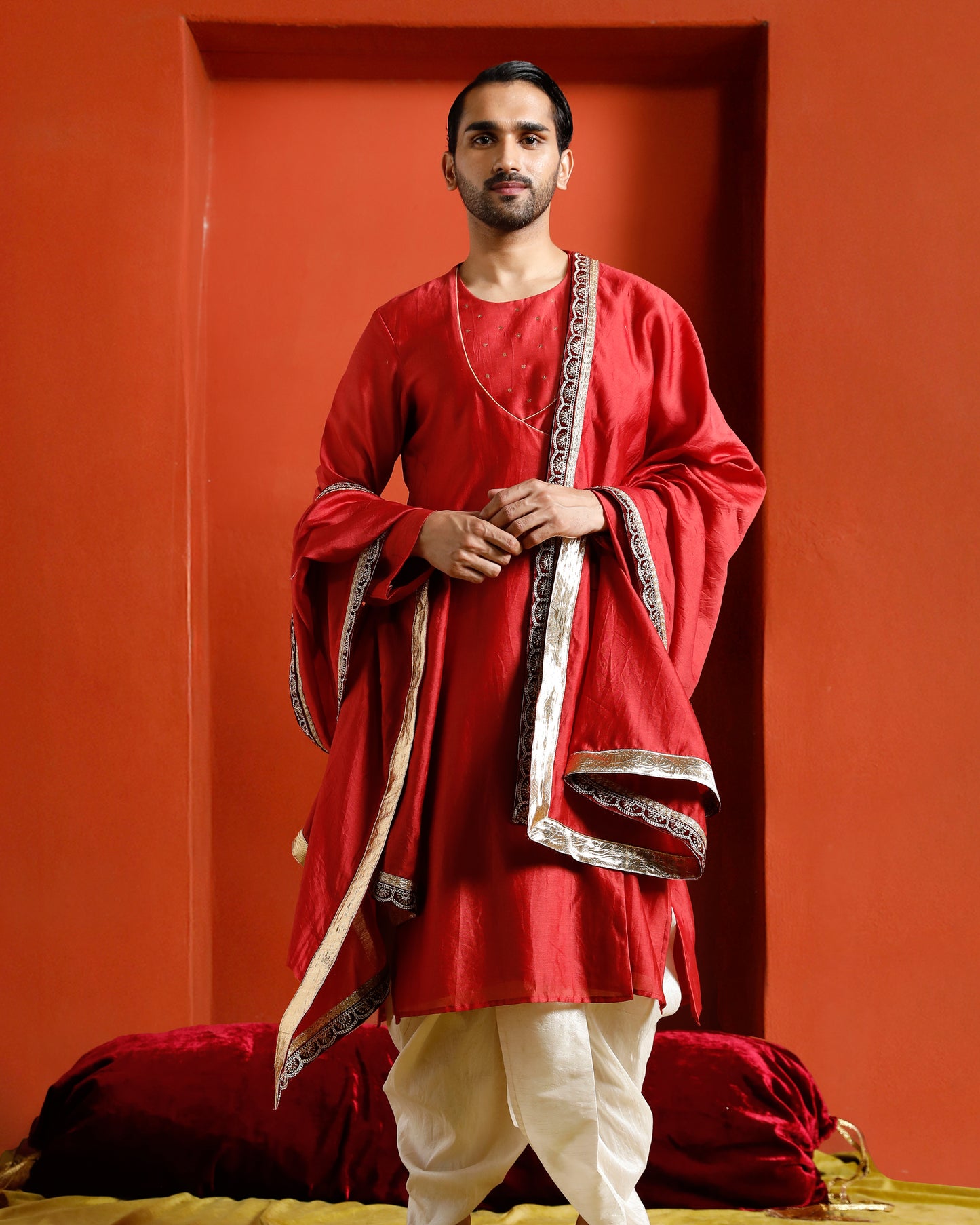 Red Pure Chanderi Lohi With Lace And Velvet Border