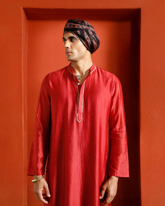 Red Pure Chanderi Kurta With Gold Piping On Hidden Placket
