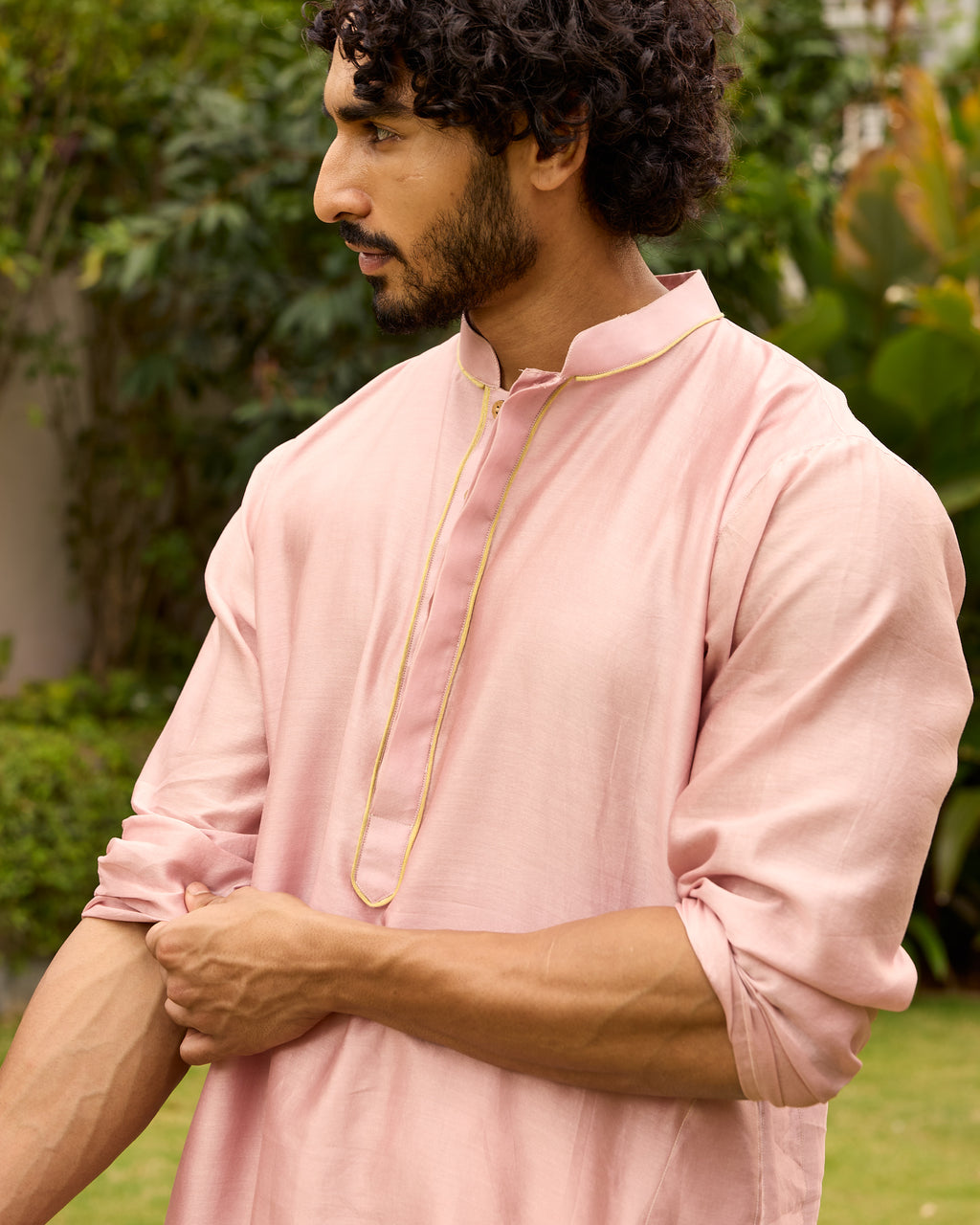Rose Pink Pure Chanderi Kurta With Gold Piping On Hidden Placket