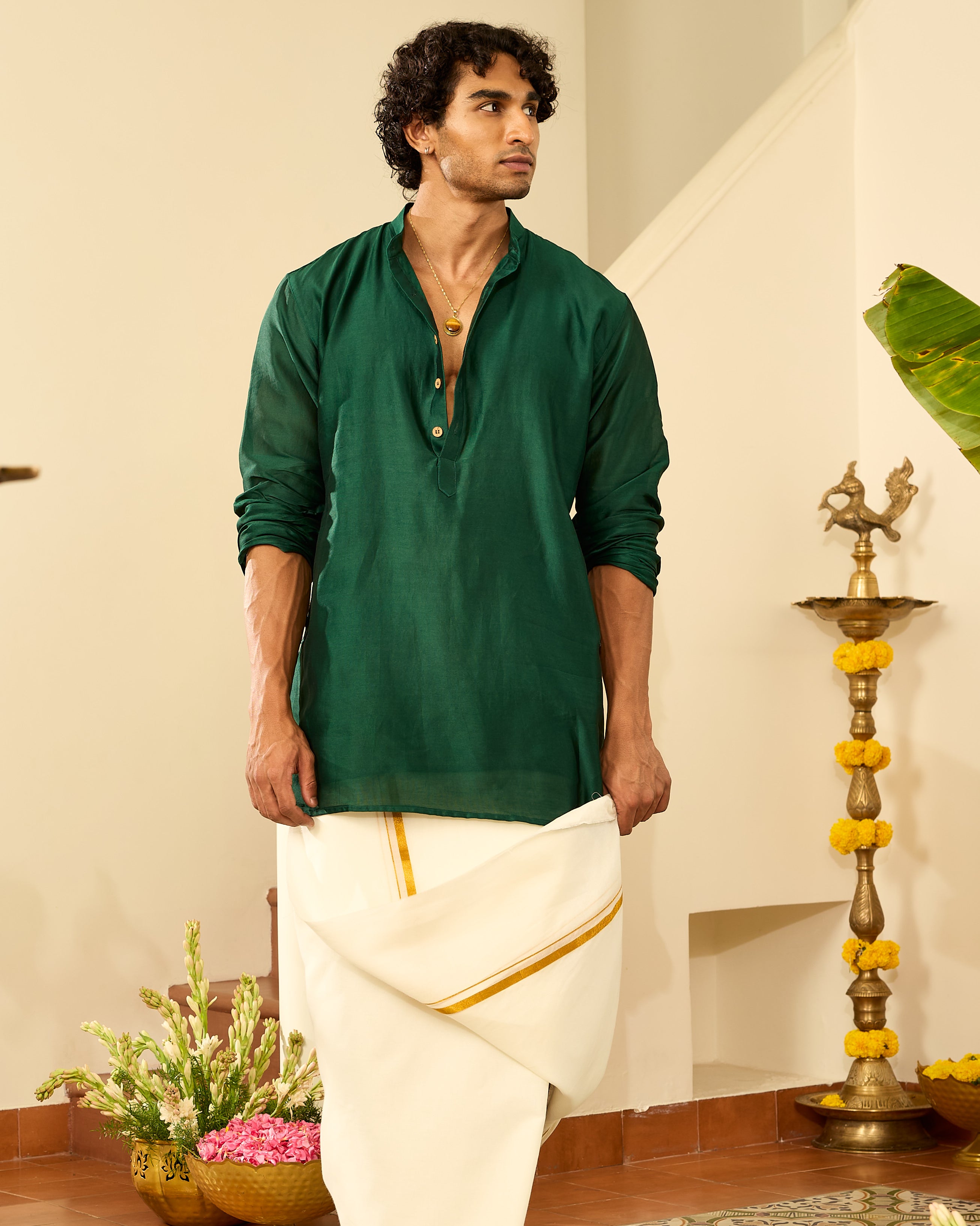 Bottle Green Pure Chanderi Men's Short Kurta