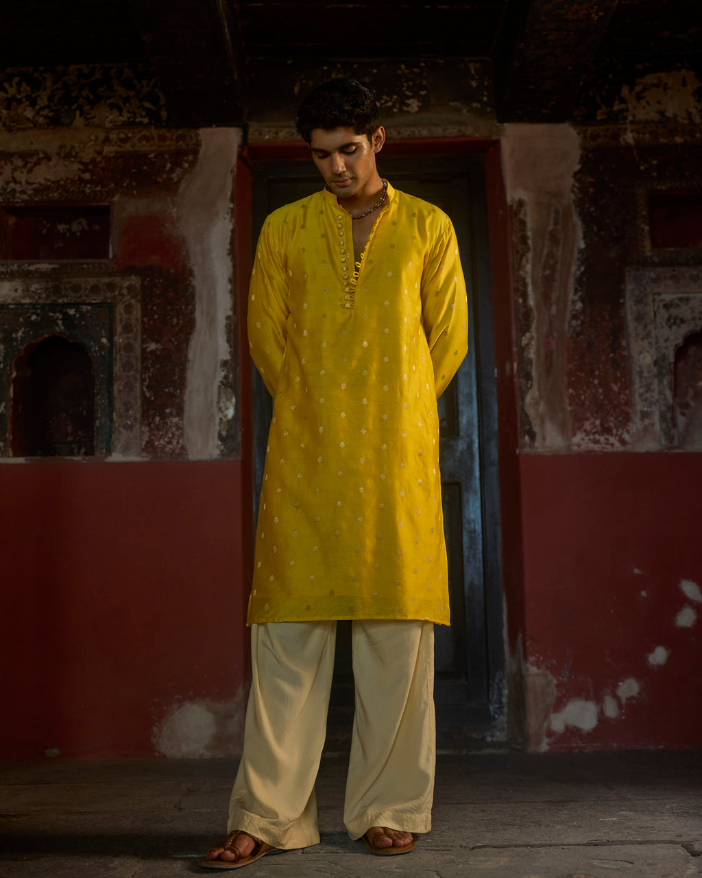 Manuhaar Bright Yellow Buta Chanderi Kurta