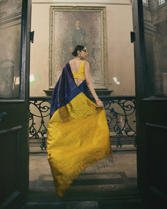 Charu Golden Blue Saree