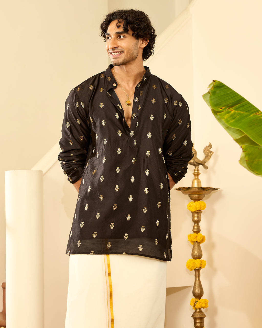 Black Pure Chanderi Zari Buta Small Floral Men's Short Kurta