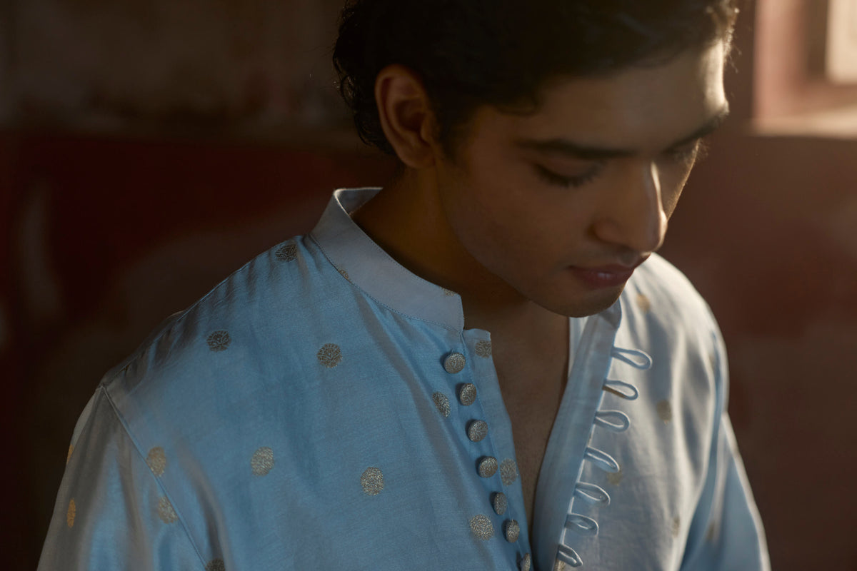 Manuhaar Mint Blue Buta Chanderi Kurta