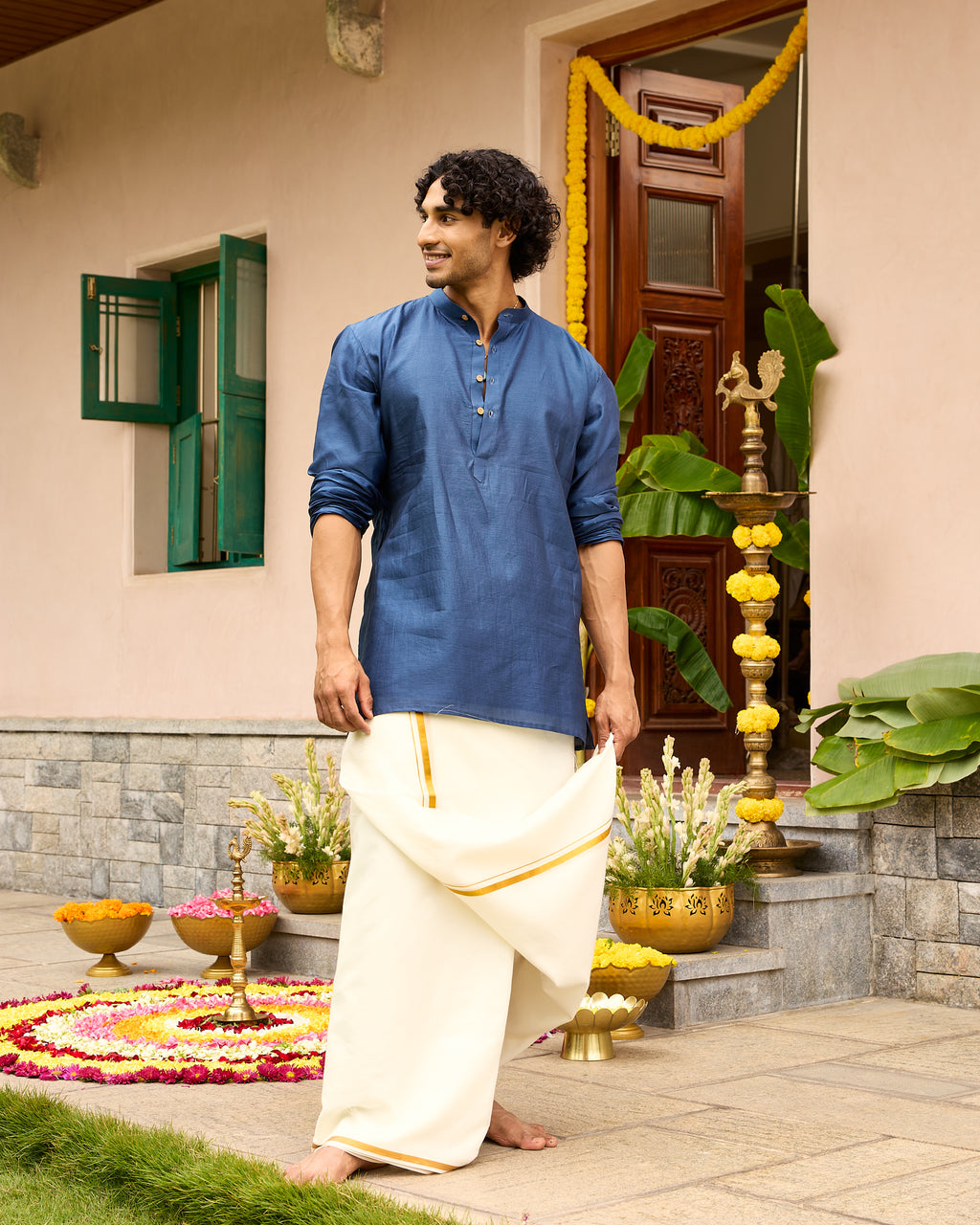 Blue Pure Chanderi Men's Short Kurta