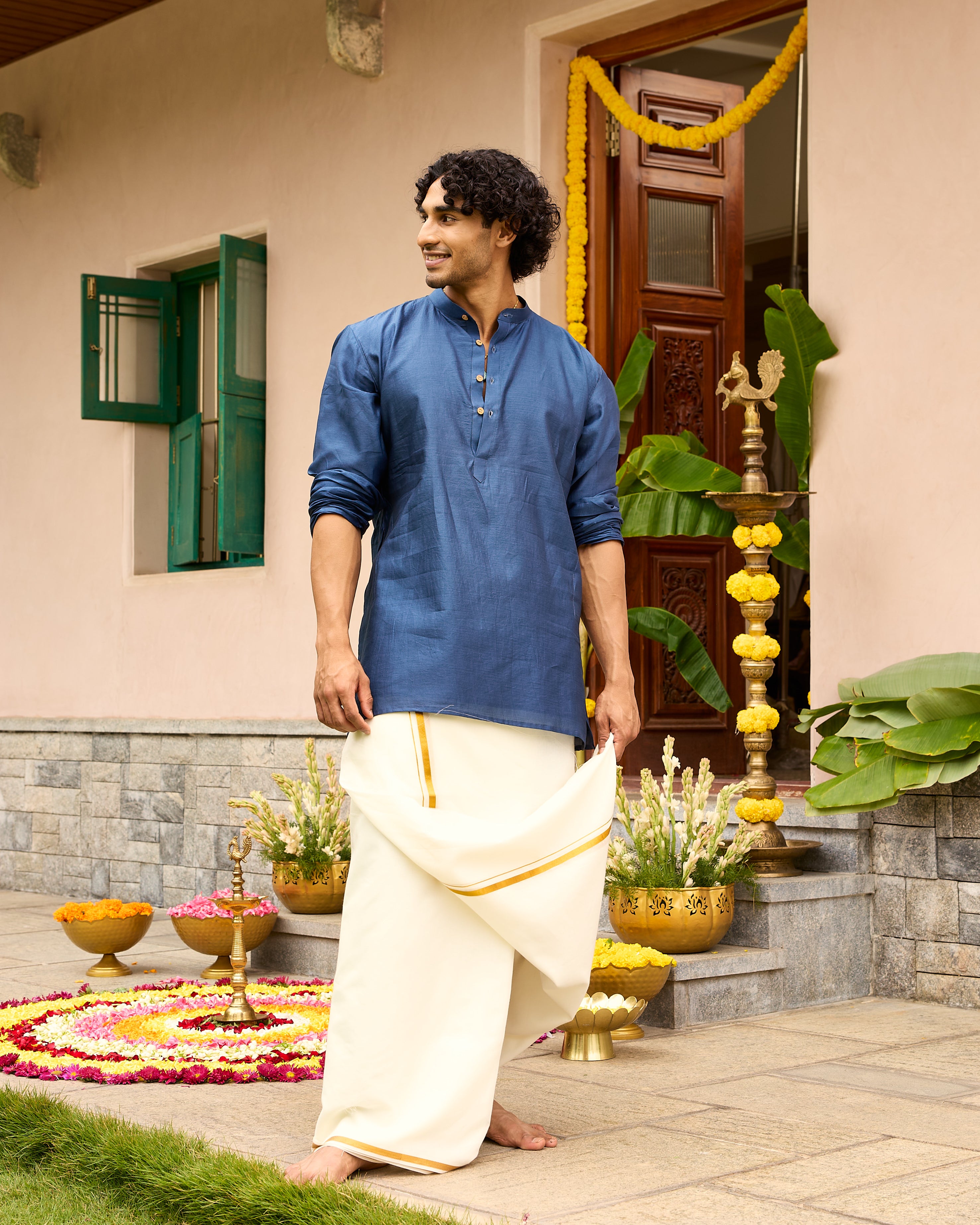 Blue Pure Chanderi Men's Short Kurta
