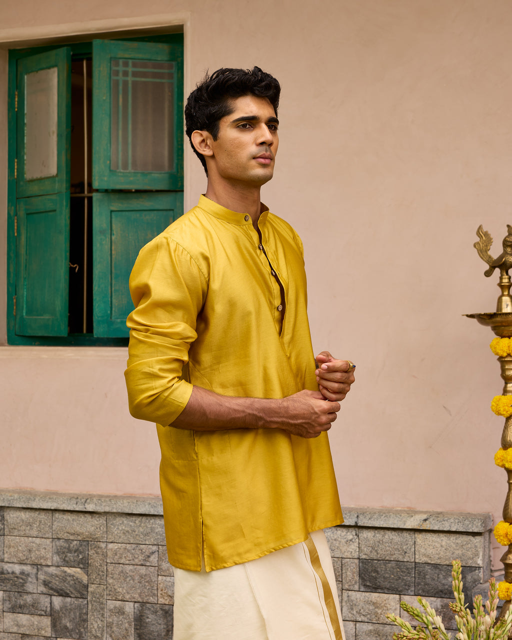 Yellow Pure Chanderi Men's Short Kurta
