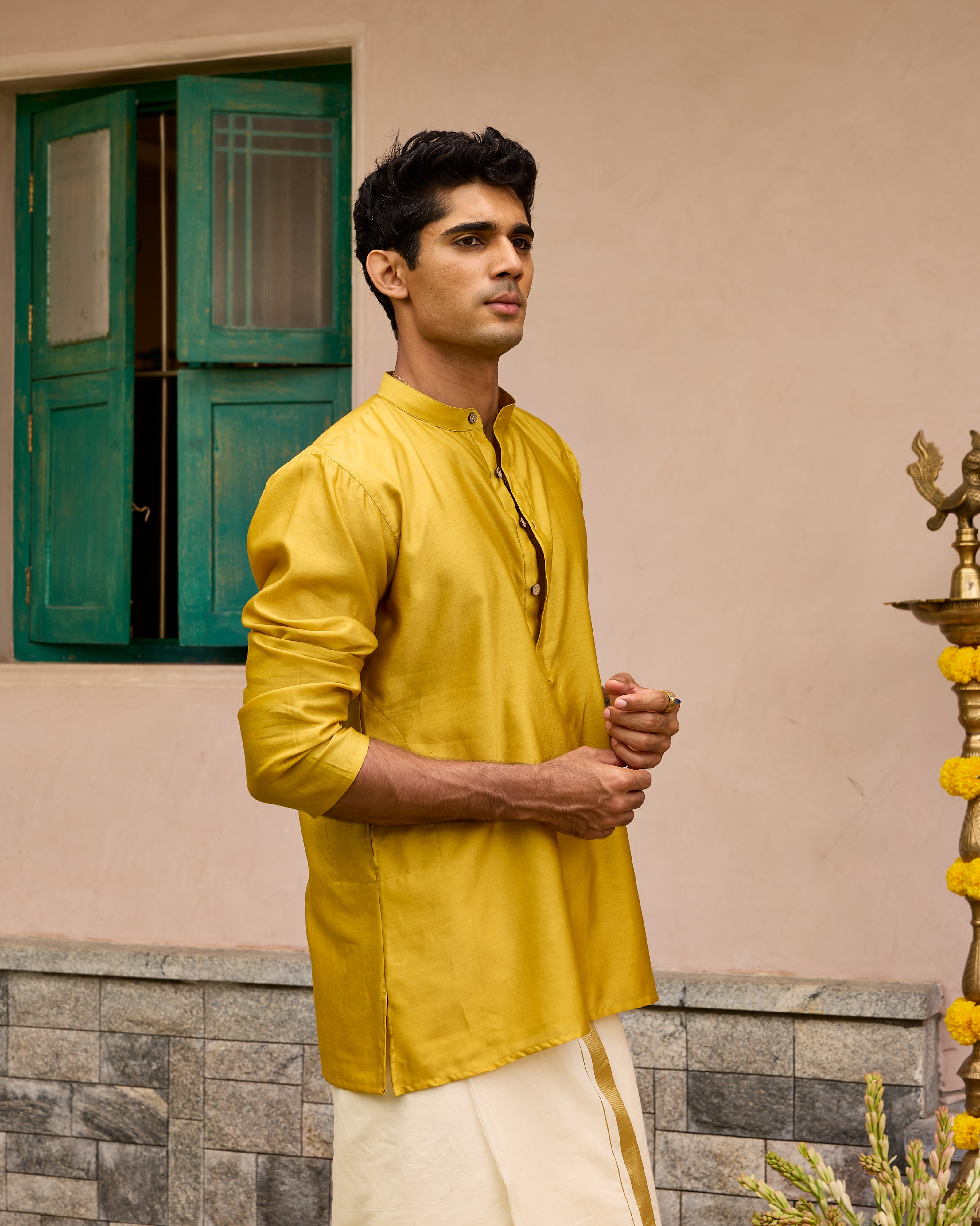 Yellow Pure Chanderi Men's Short Kurta