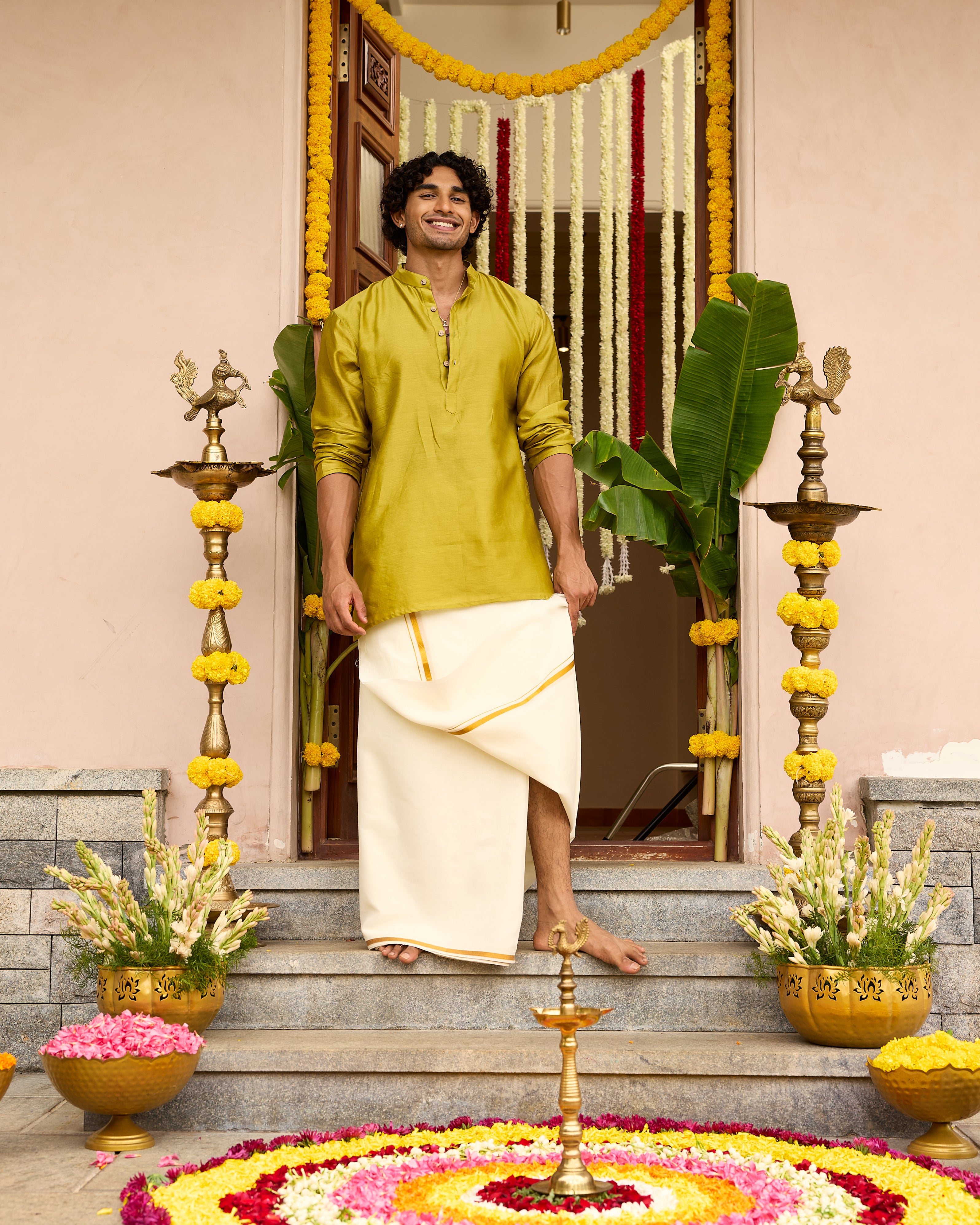 Green Pure Chanderi Men's Short Kurta