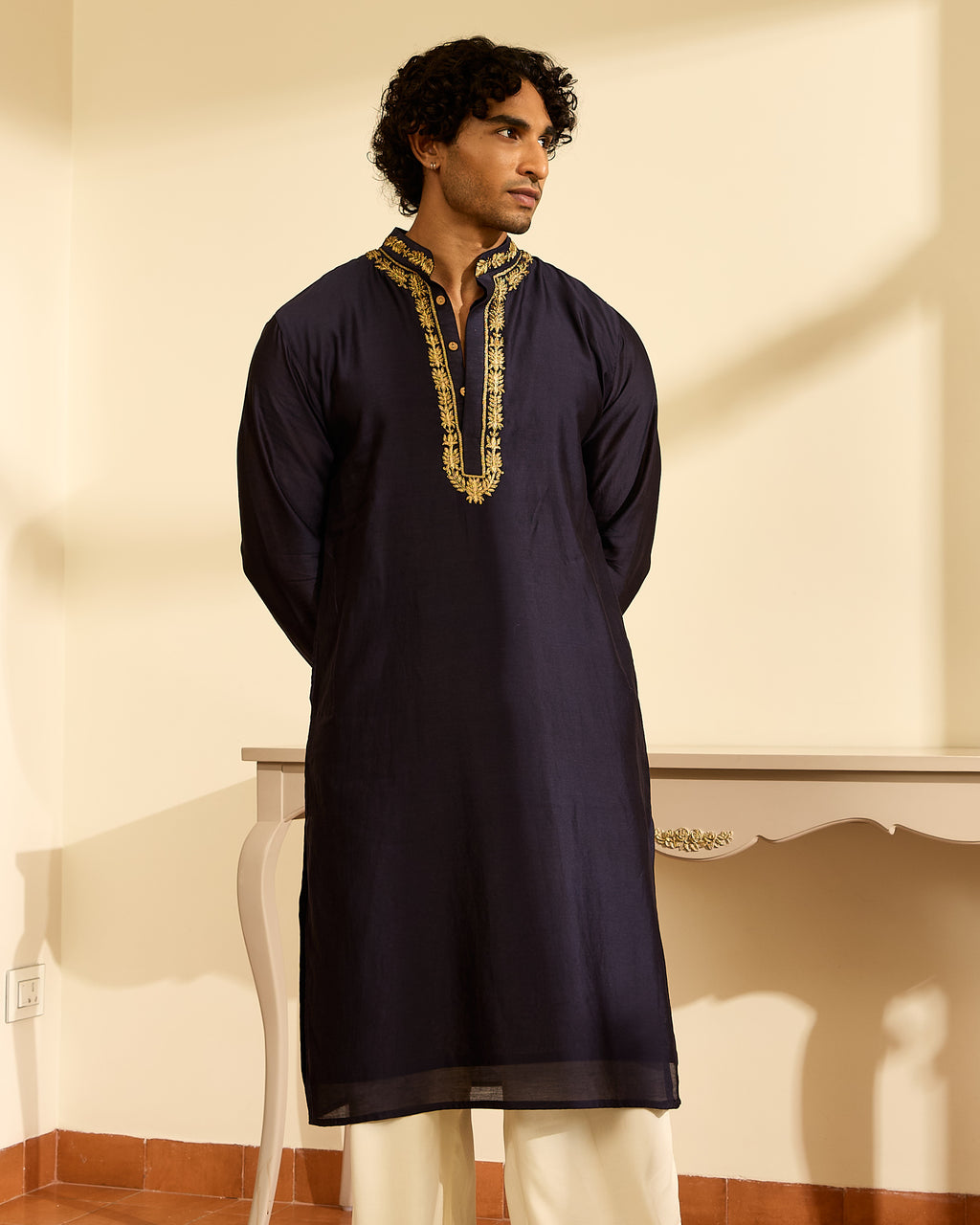 Aari Midnight Blue Black Chanderi Kurta