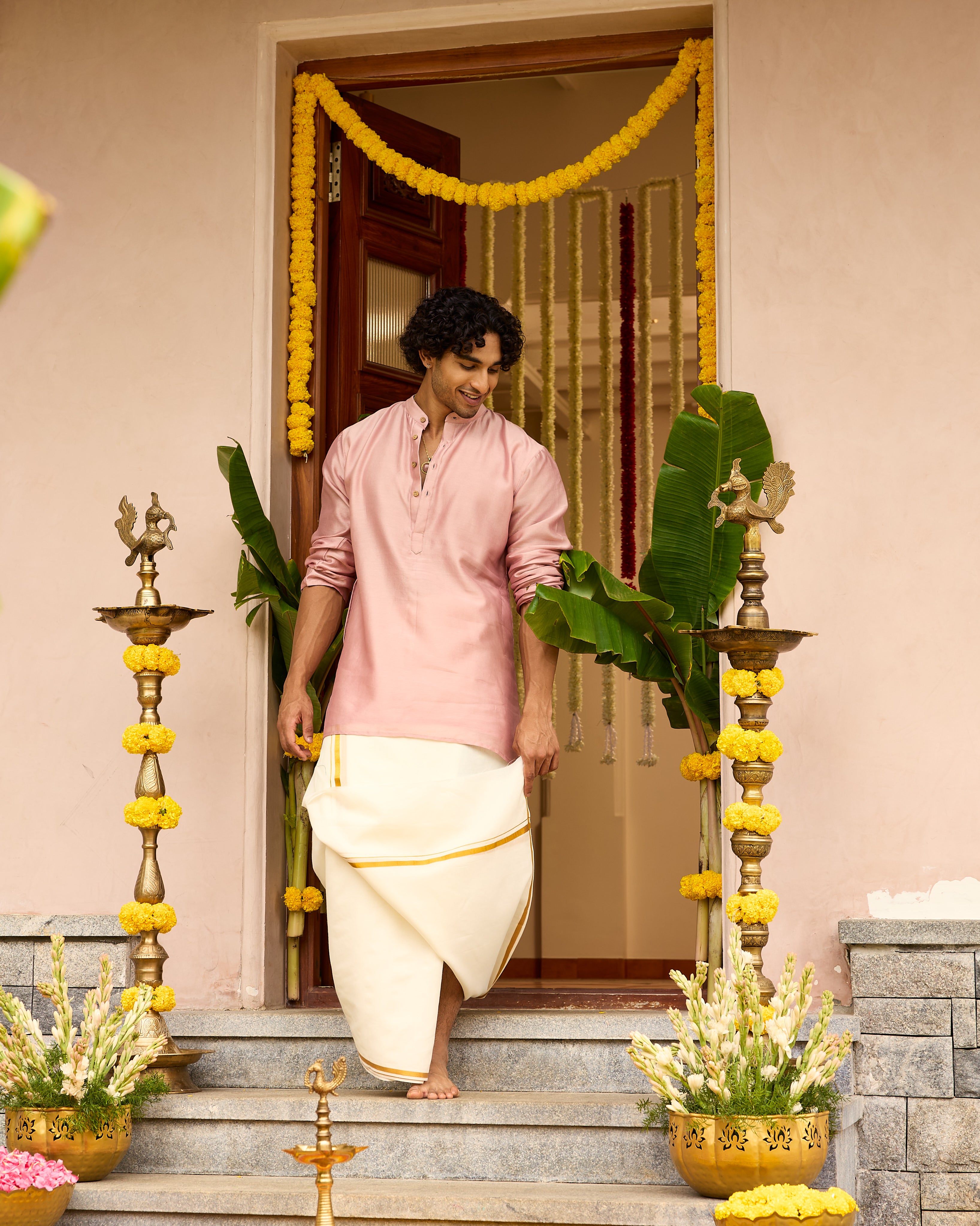 Rose Pink Pure Chanderi Men's Short Kurta