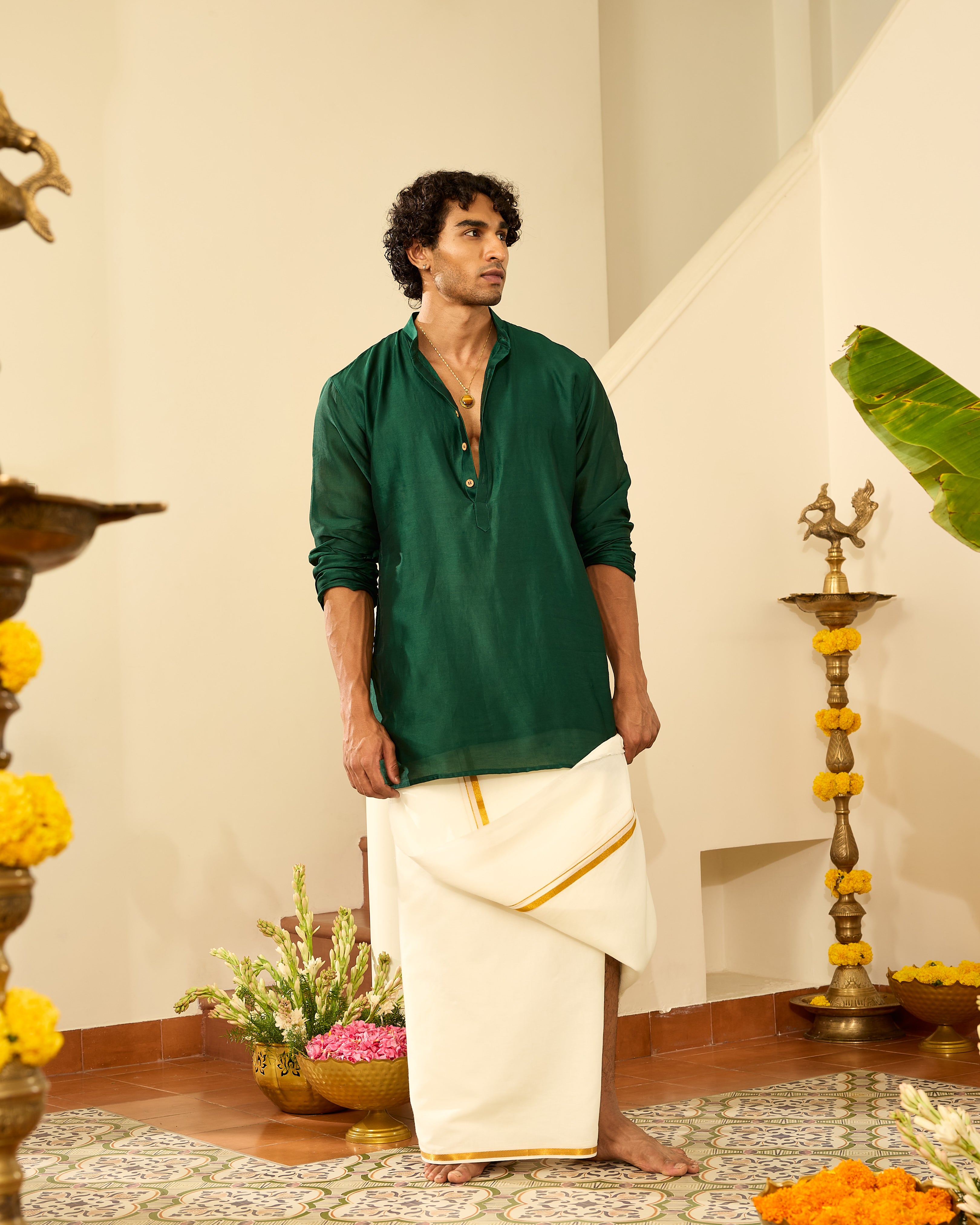 Bottle Green Pure Chanderi Men's Short Kurta