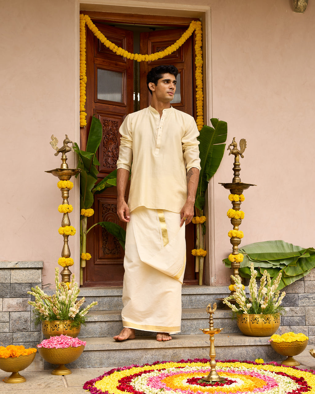 Off White Pure Chanderi Men's Short Kurta
