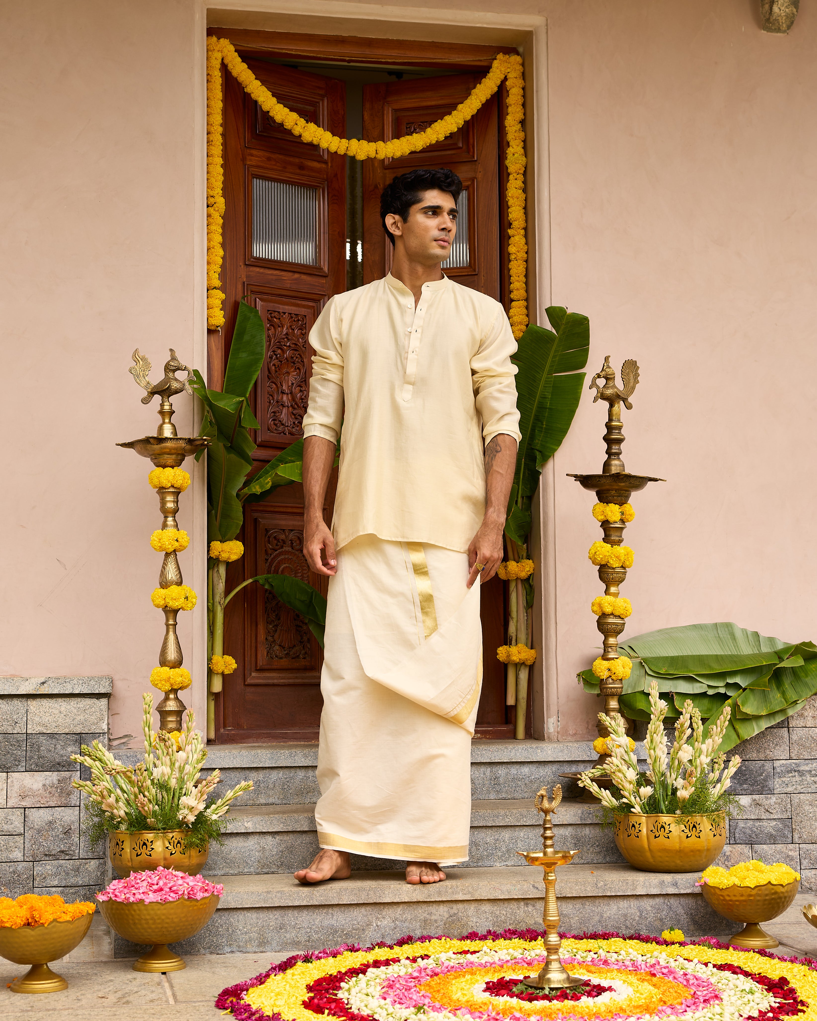 Off White Pure Chanderi Men's Short Kurta