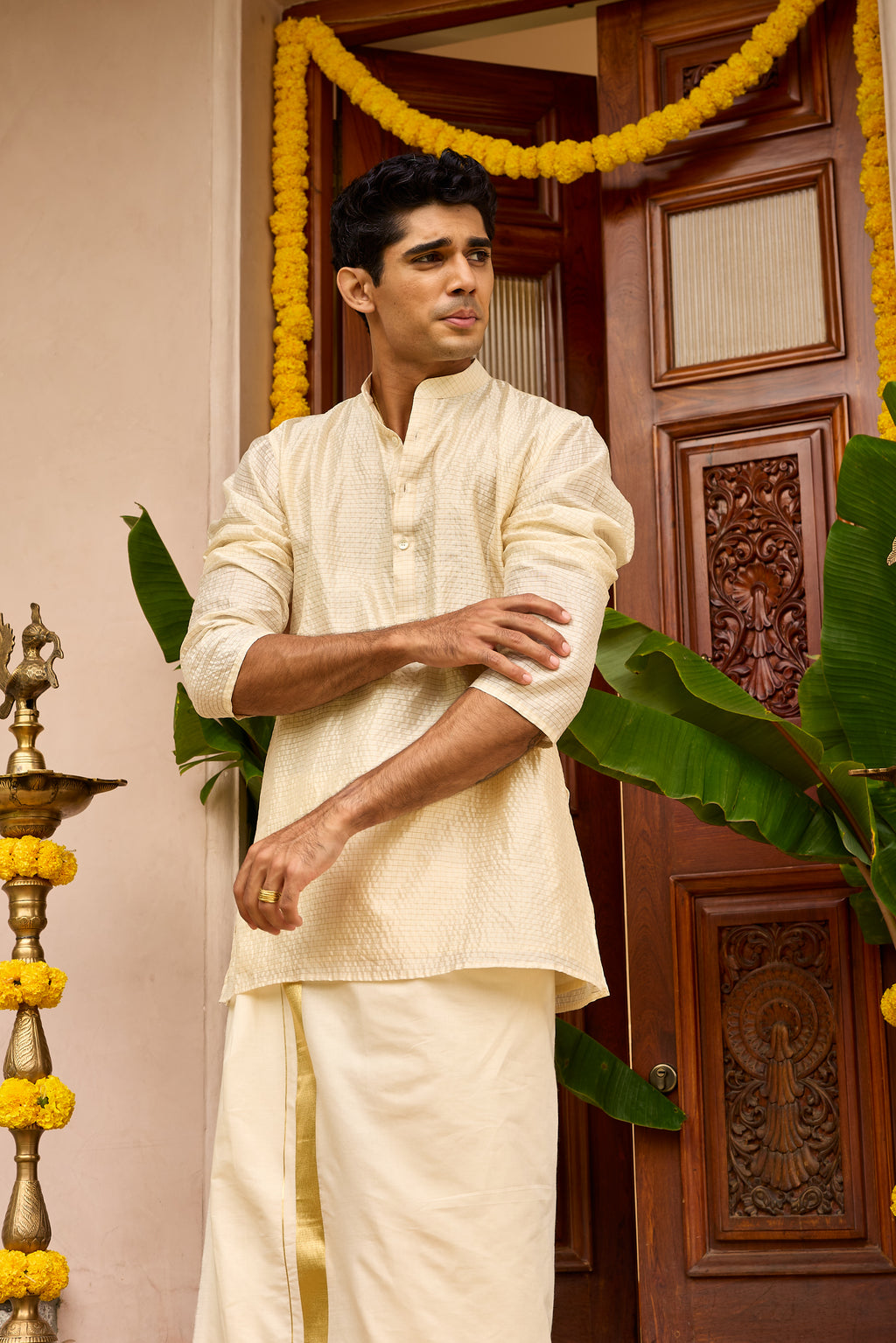 Small Checks Pure Chiniya Silk Men's Short Kurta