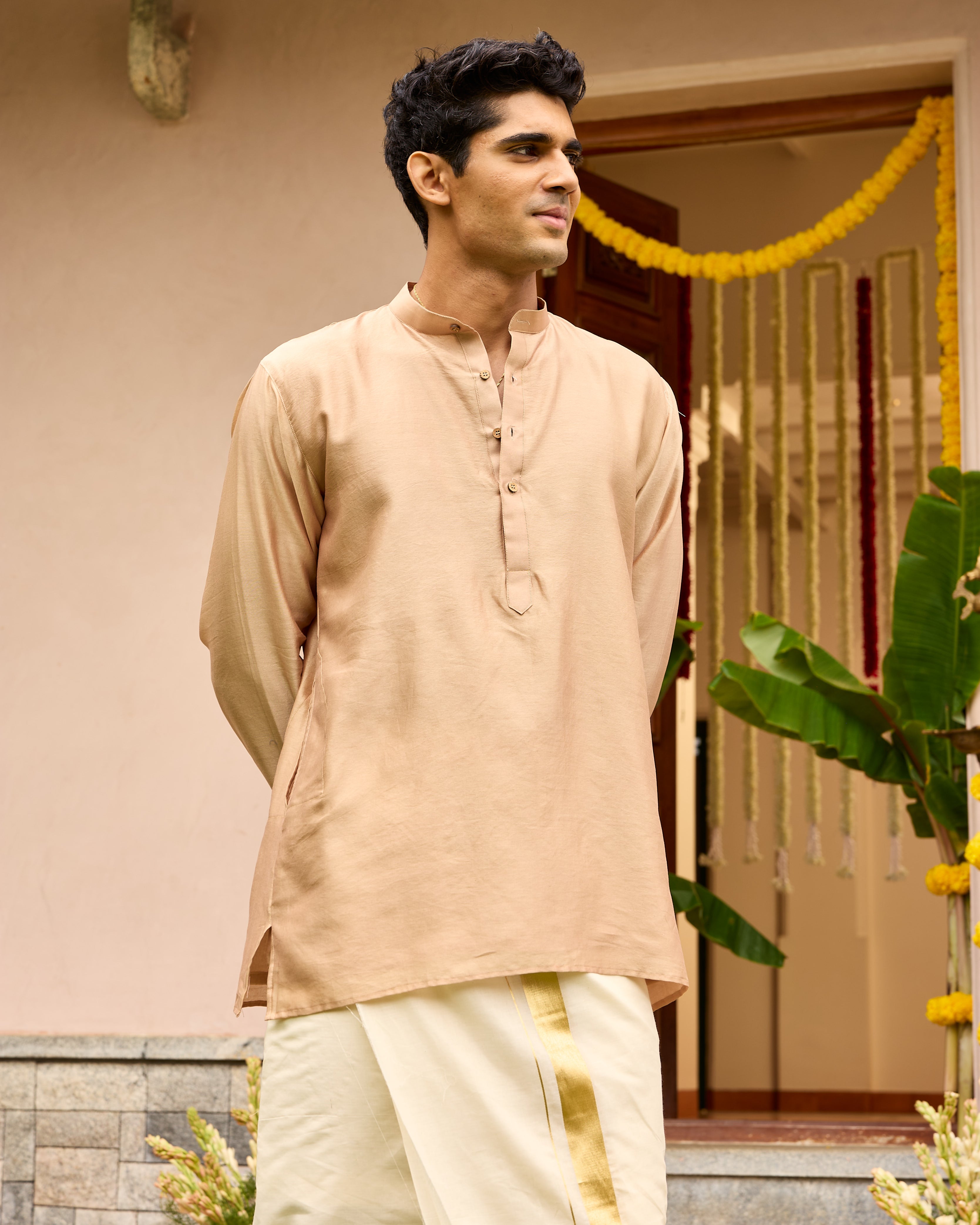 Light Gold Pure Chanderi Men's Short Kurta