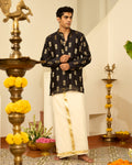 Black Pure Chanderi Zari Buta Floral Men's Short Kurta