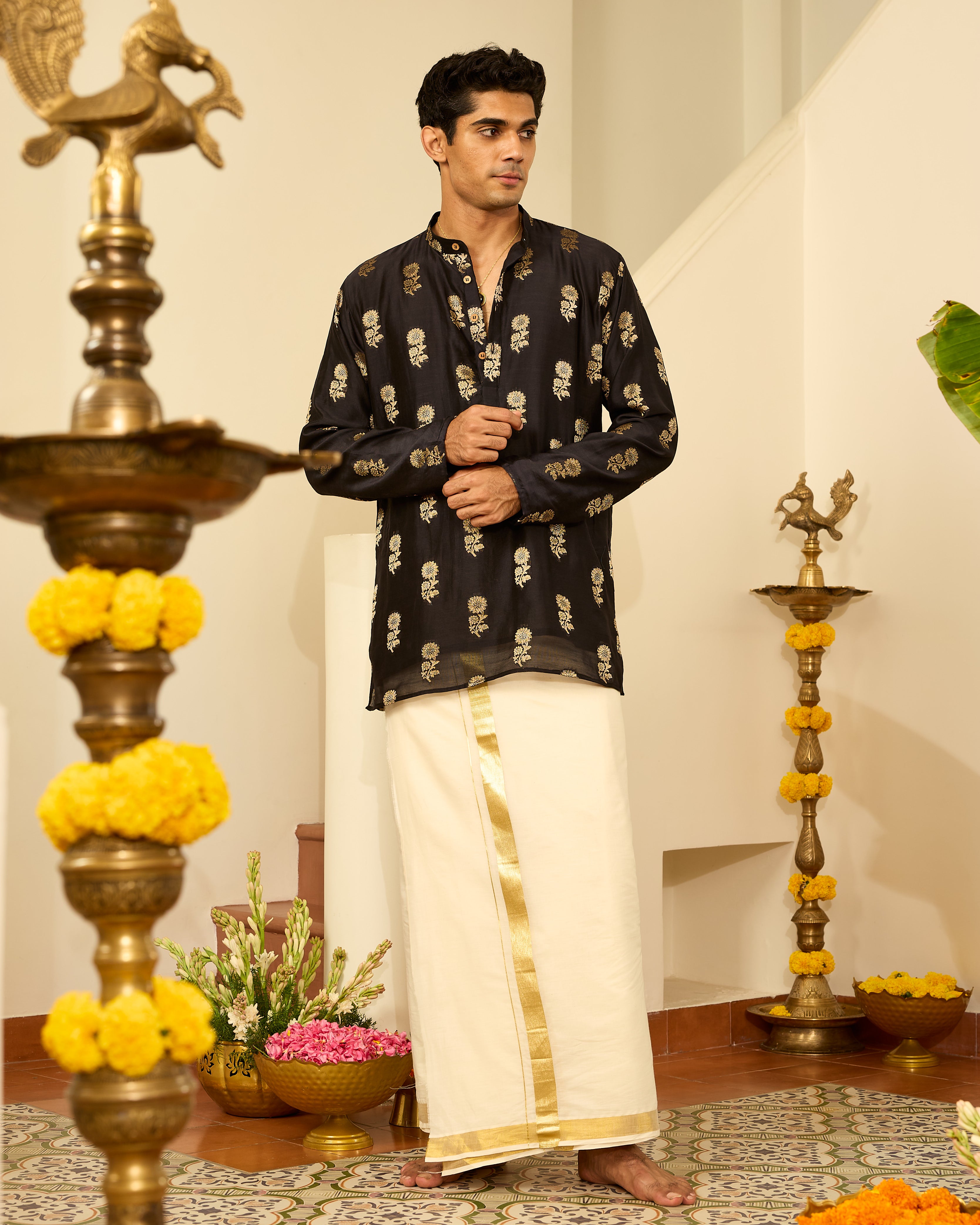 Black Pure Chanderi Zari Buta Floral Men's Short Kurta