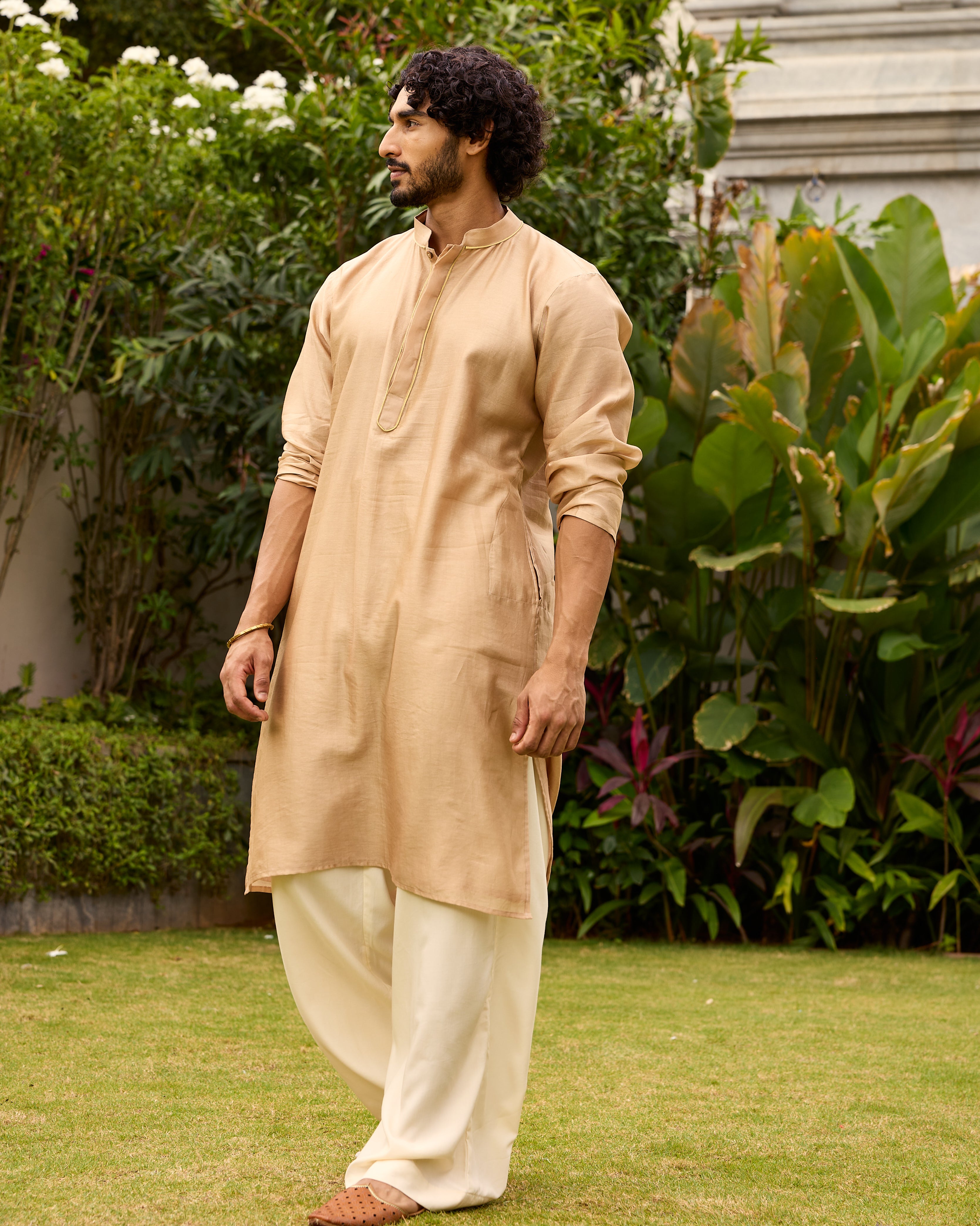 Light Gold Pure Chanderi Kurta With Gold Piping On Hidden Placket