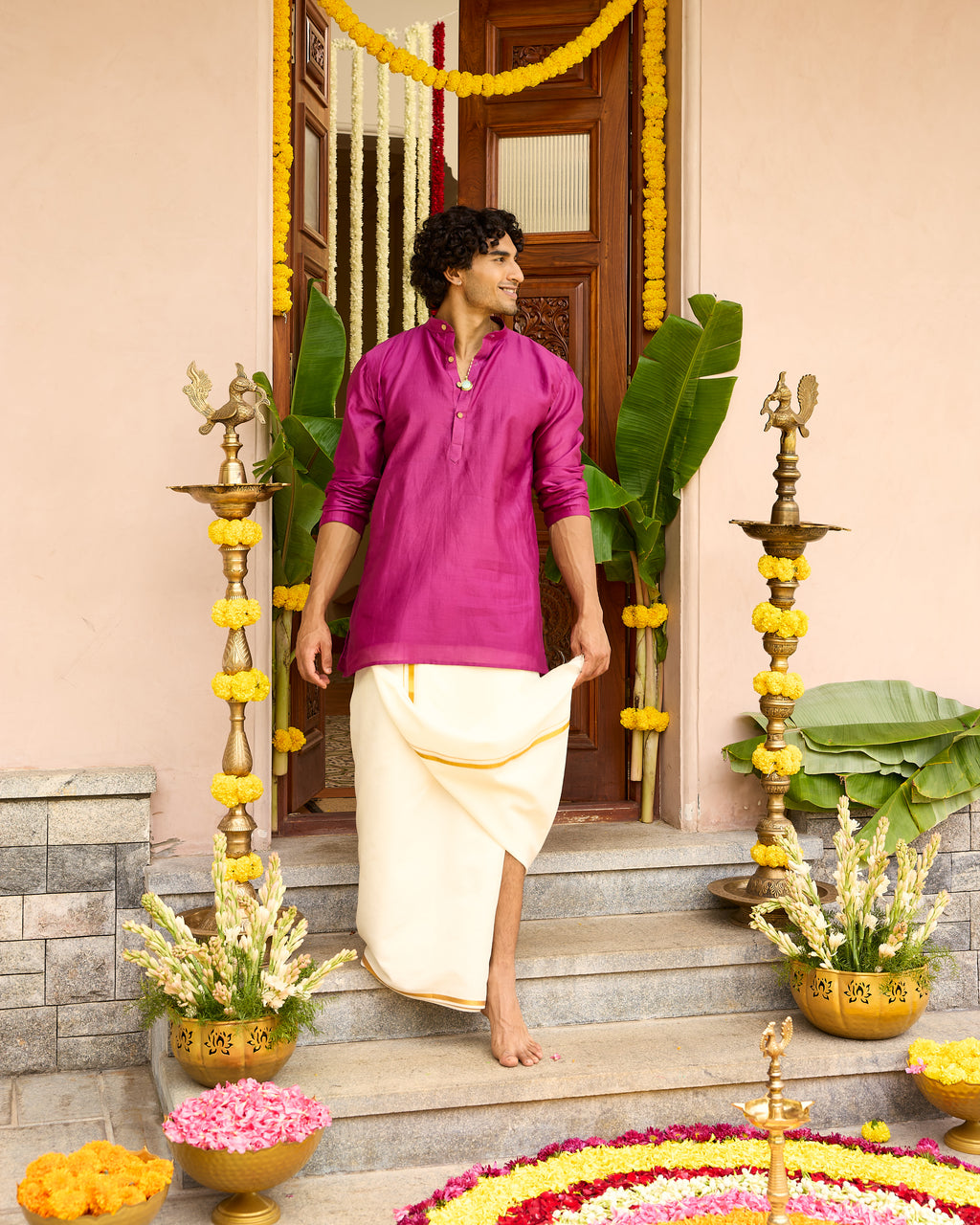 Pink Pure Chanderi Men's Short Kurta