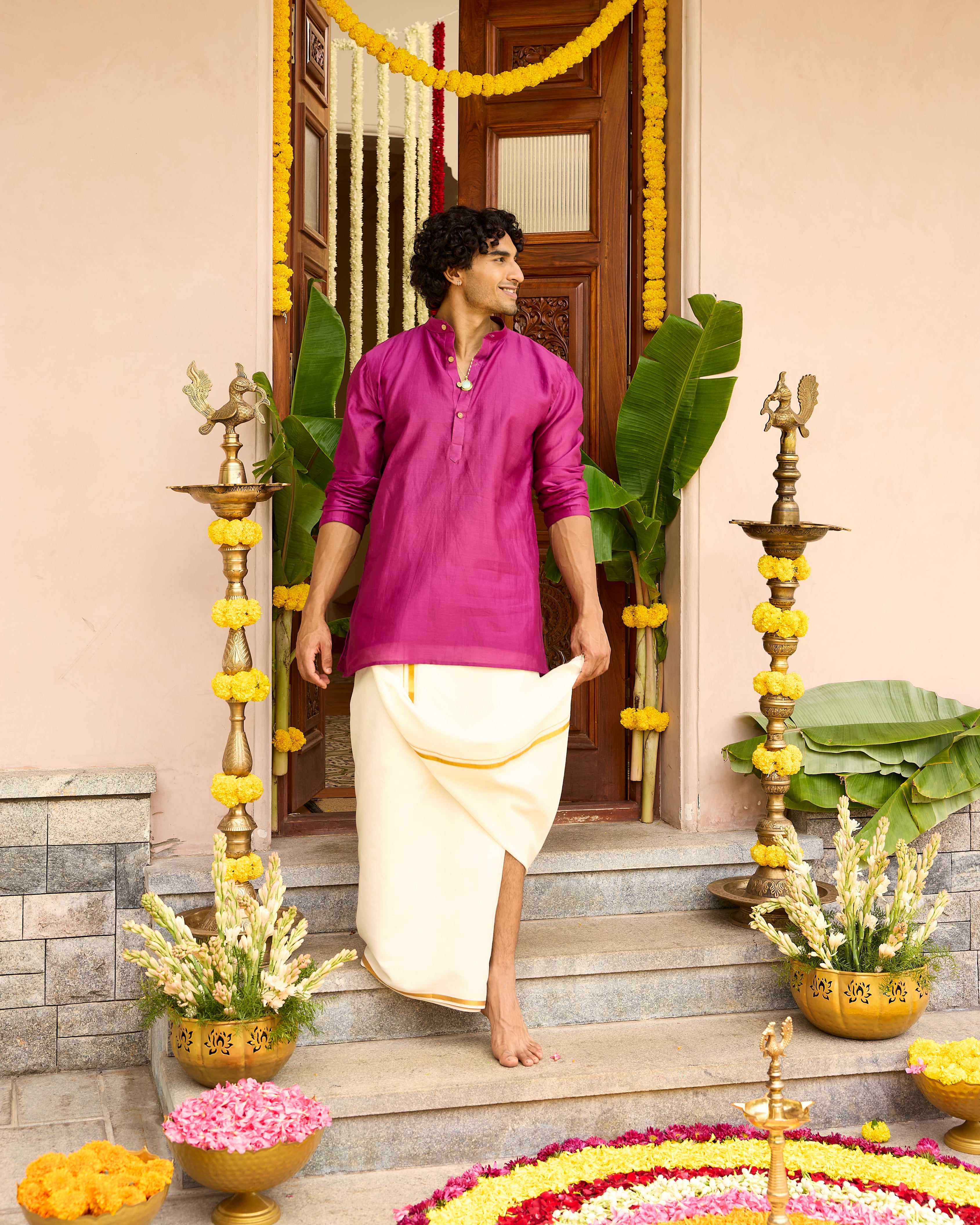 Pink Pure Chanderi Men's Short Kurta