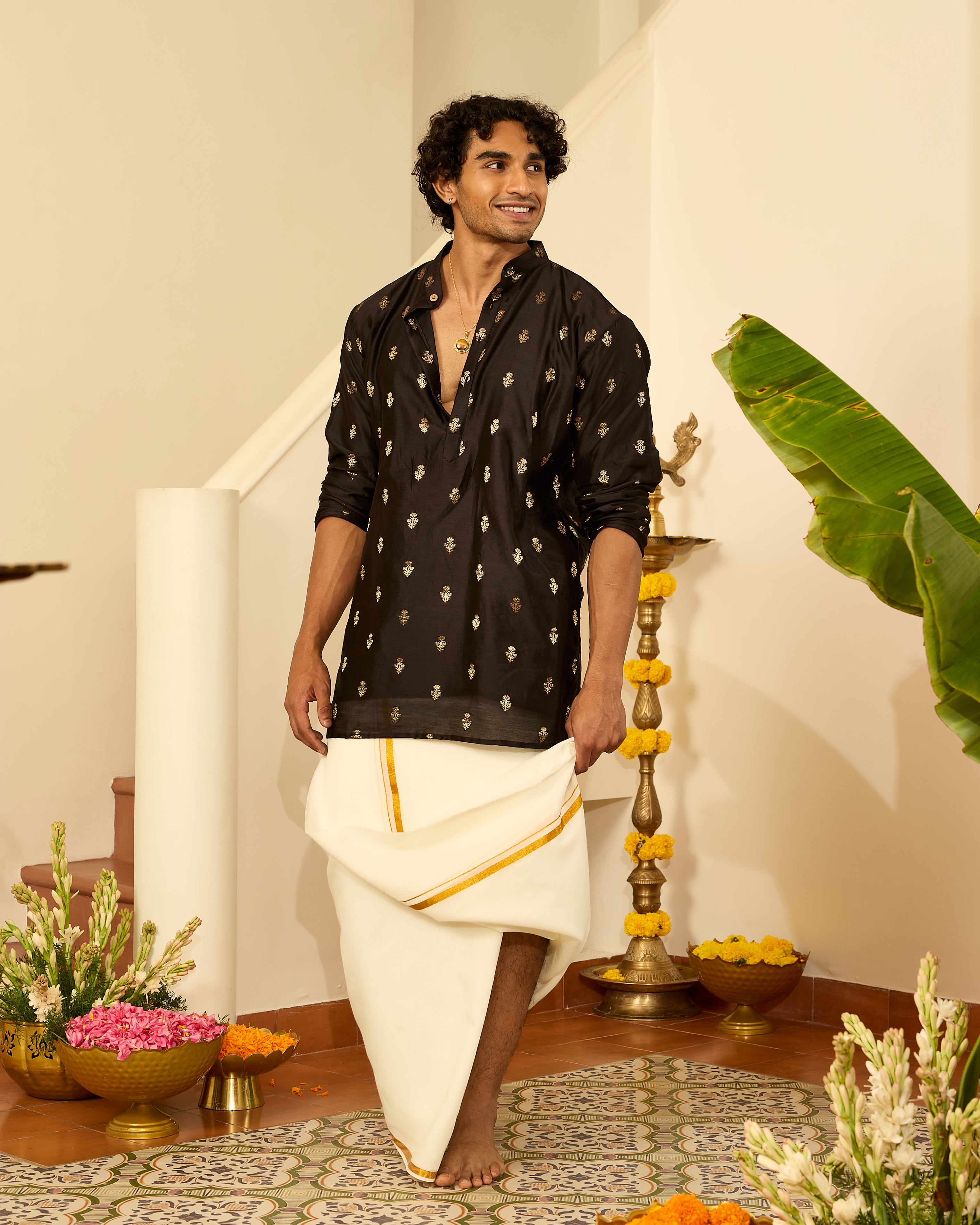 Black Pure Chanderi Zari Buta Small Floral Men's Short Kurta