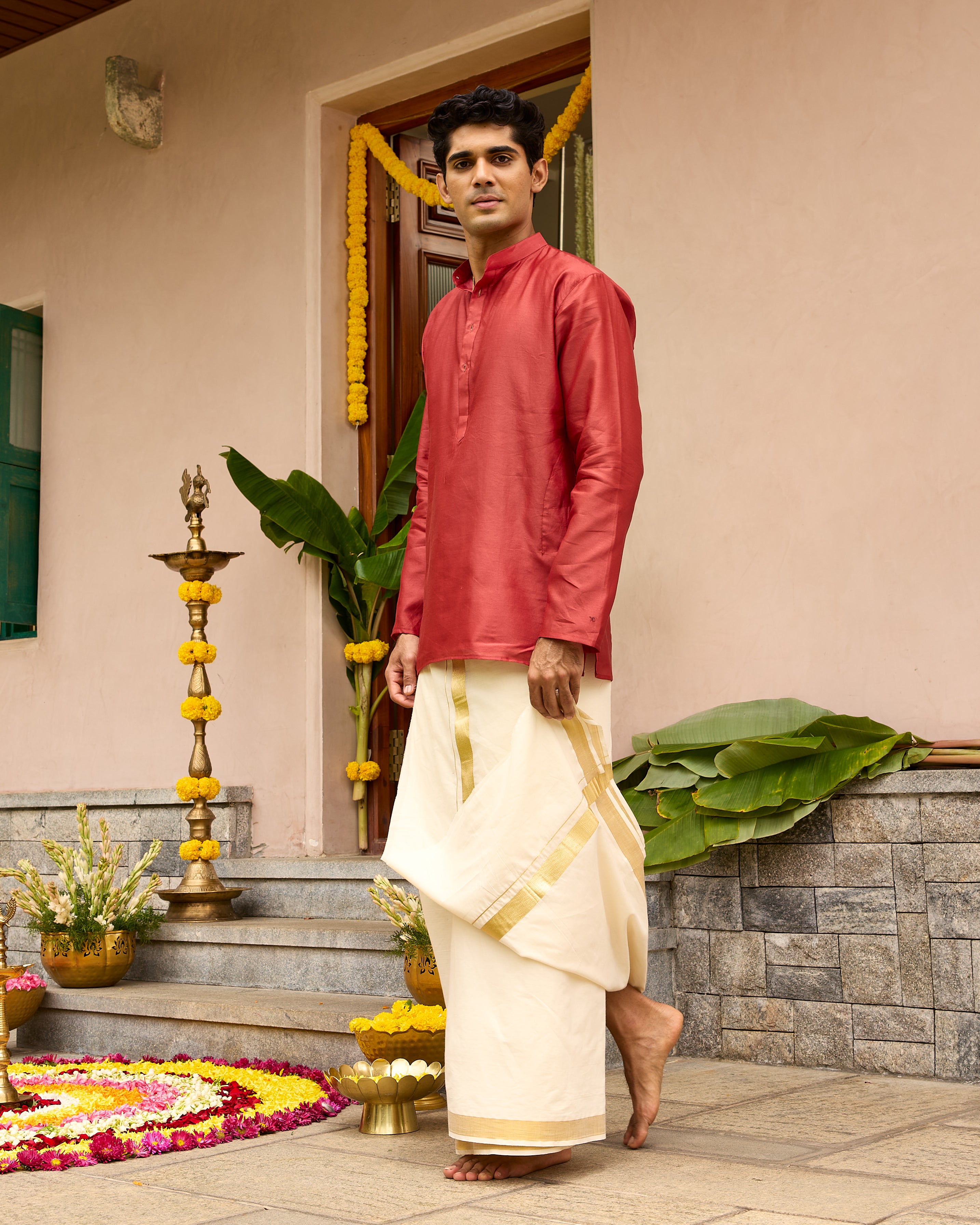 Red Pure Chanderi Men's Short Kurta