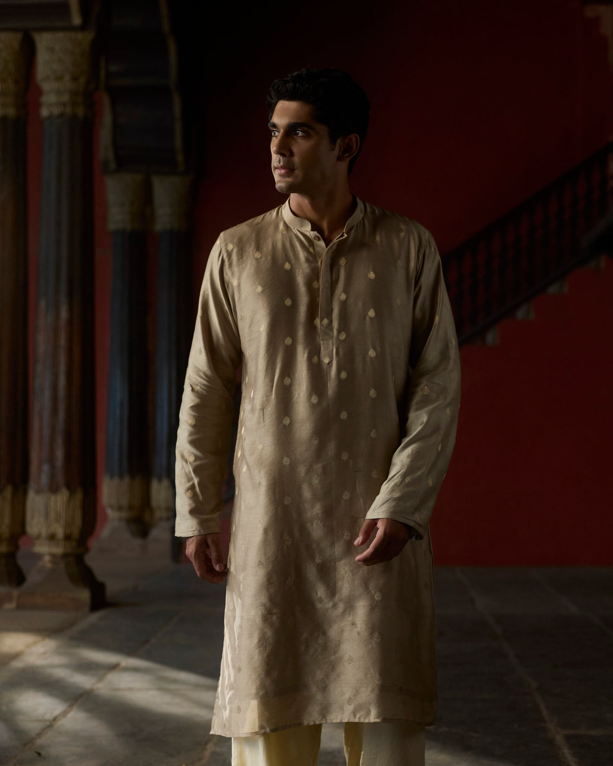 Manuhaar Beige Buta Chanderi kurta