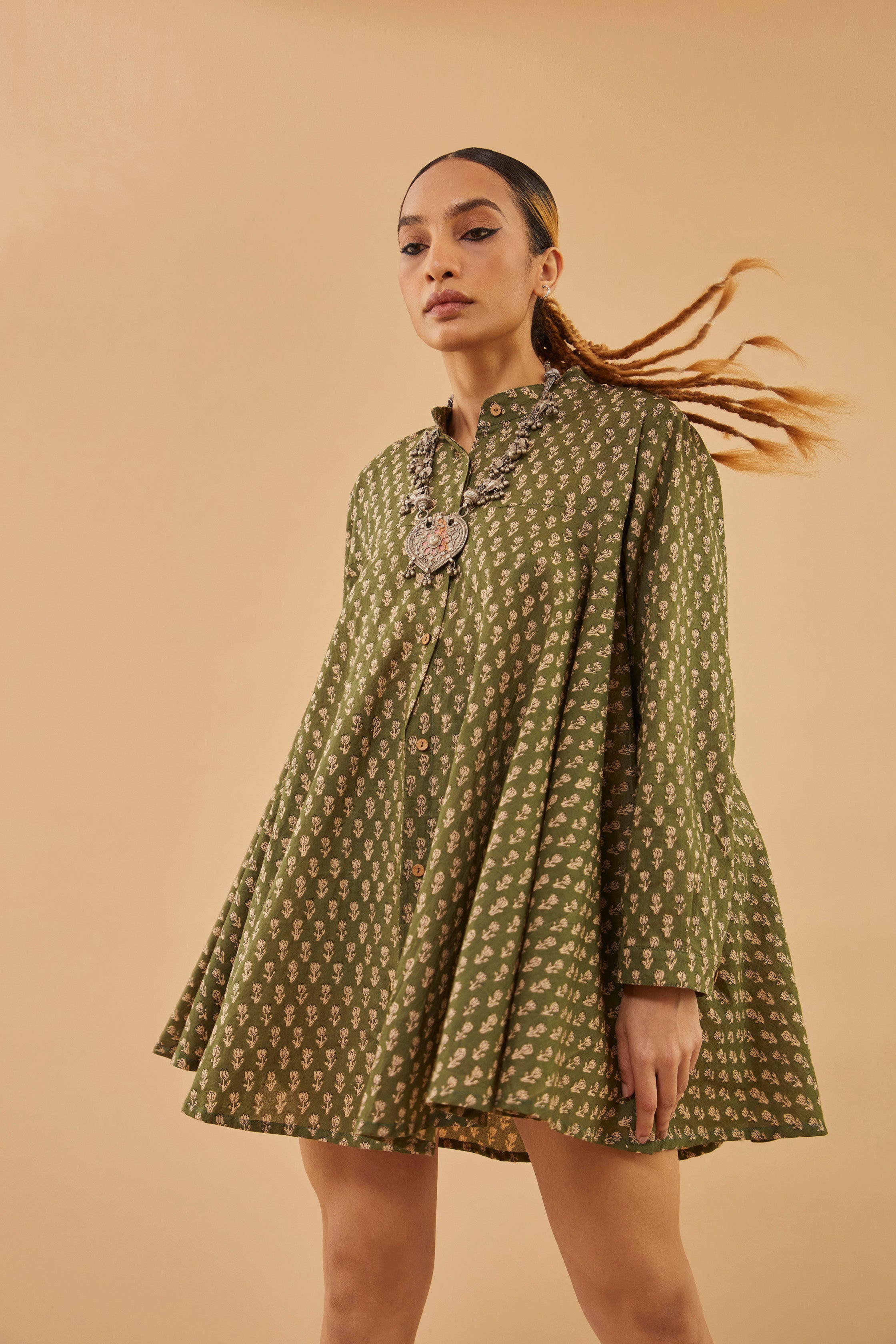 Green Block Print Cotton Tunic Shrug
