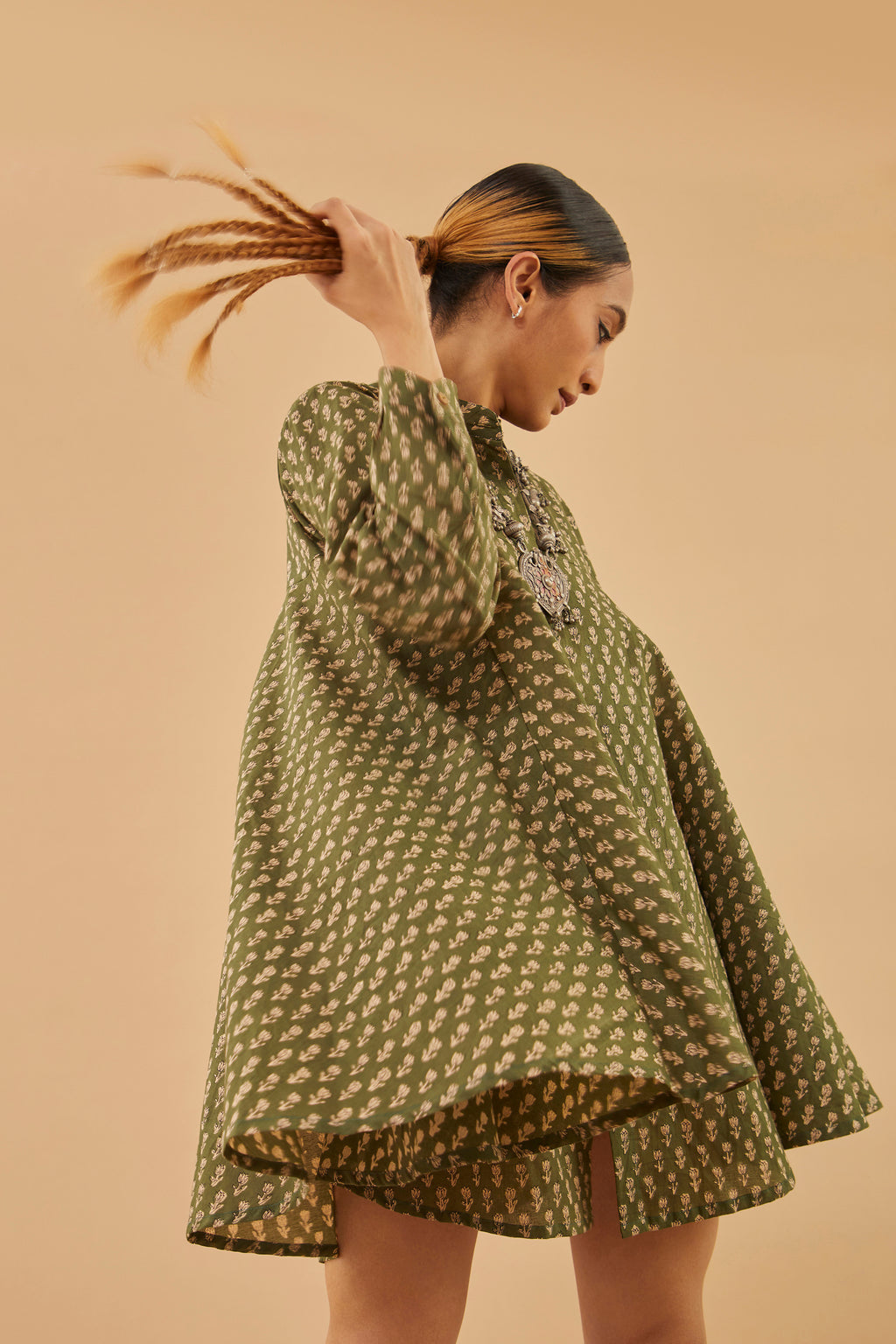 Green Block Print Cotton Tunic Shrug