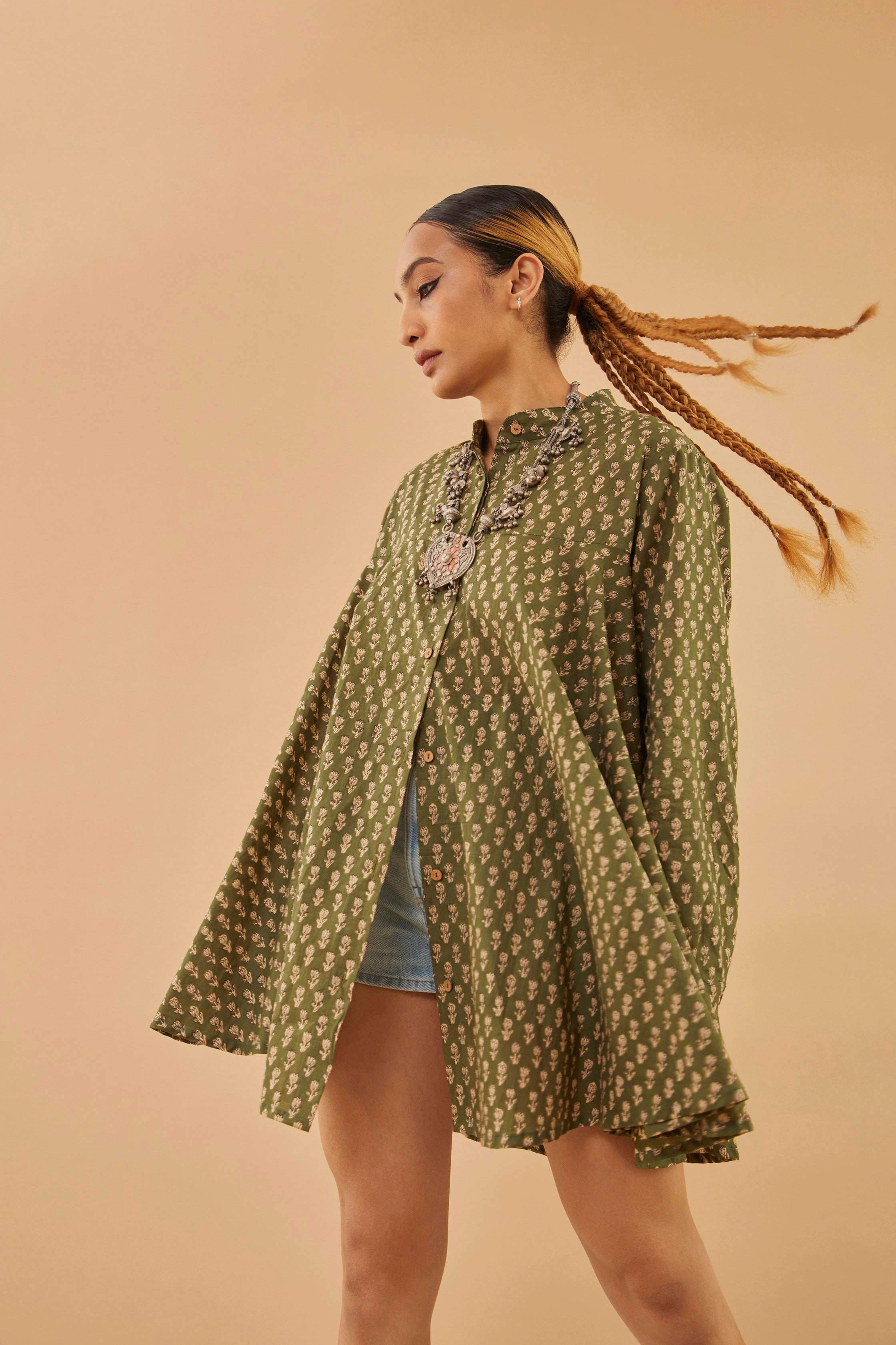Green Block Print Cotton Tunic Shrug