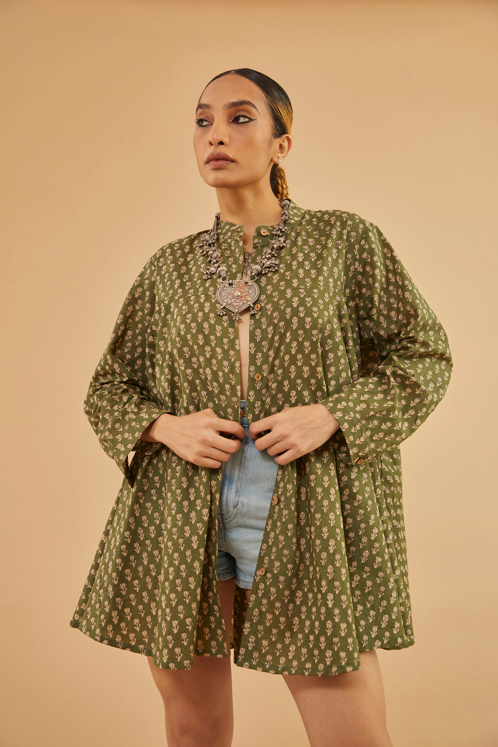Green Block Print Cotton Tunic Shrug