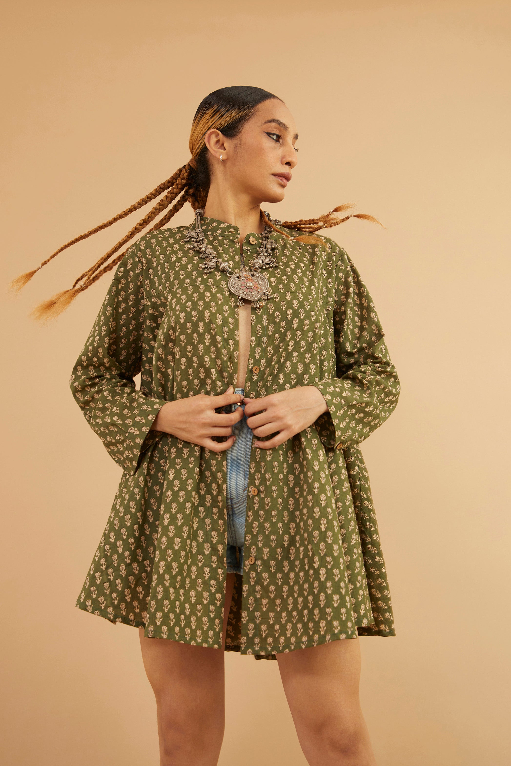 Green Block Print Cotton Tunic Shrug