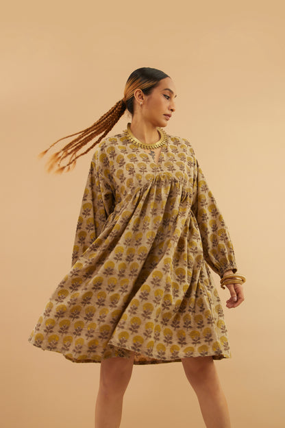 Beige Floral Bagru Alia Dress