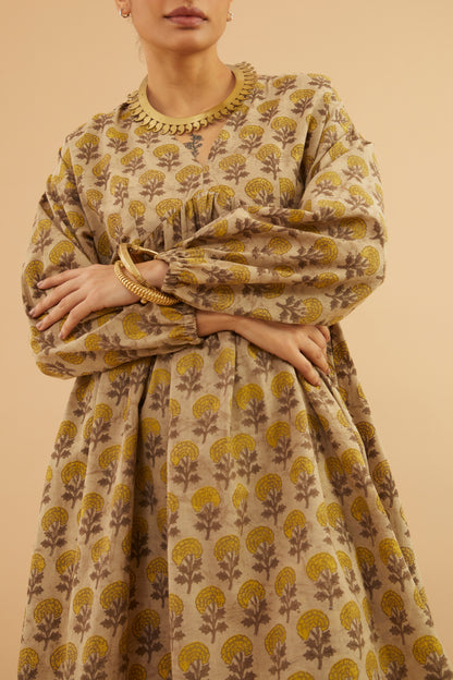 Beige Floral Bagru Alia Dress