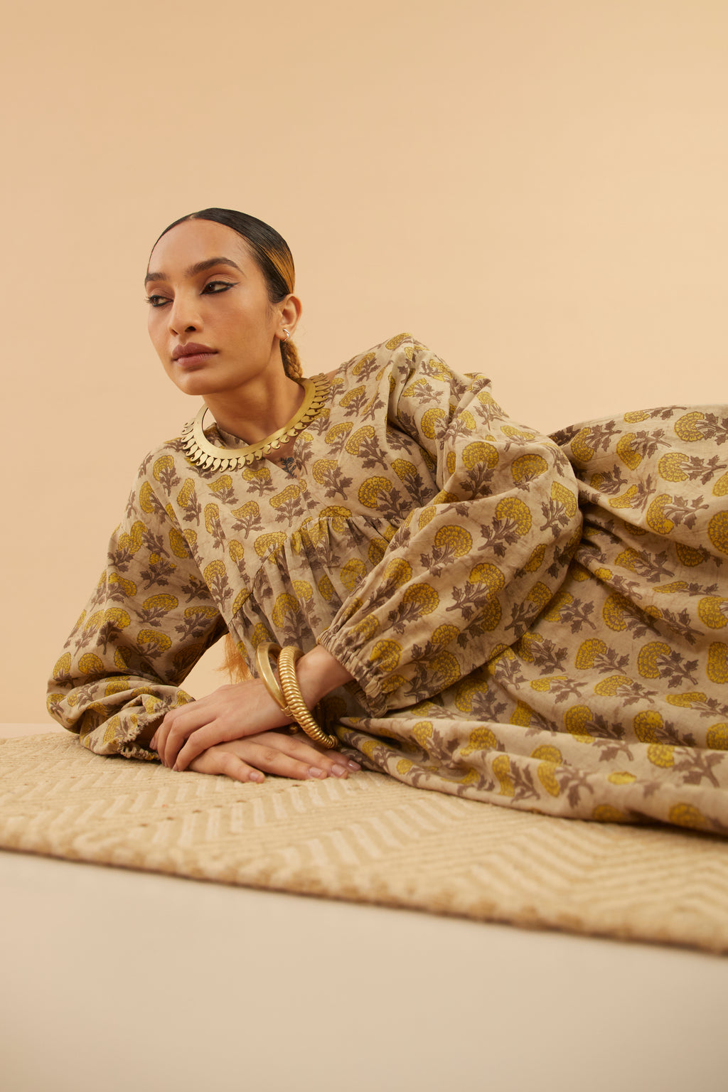 Beige Floral Bagru Alia Dress