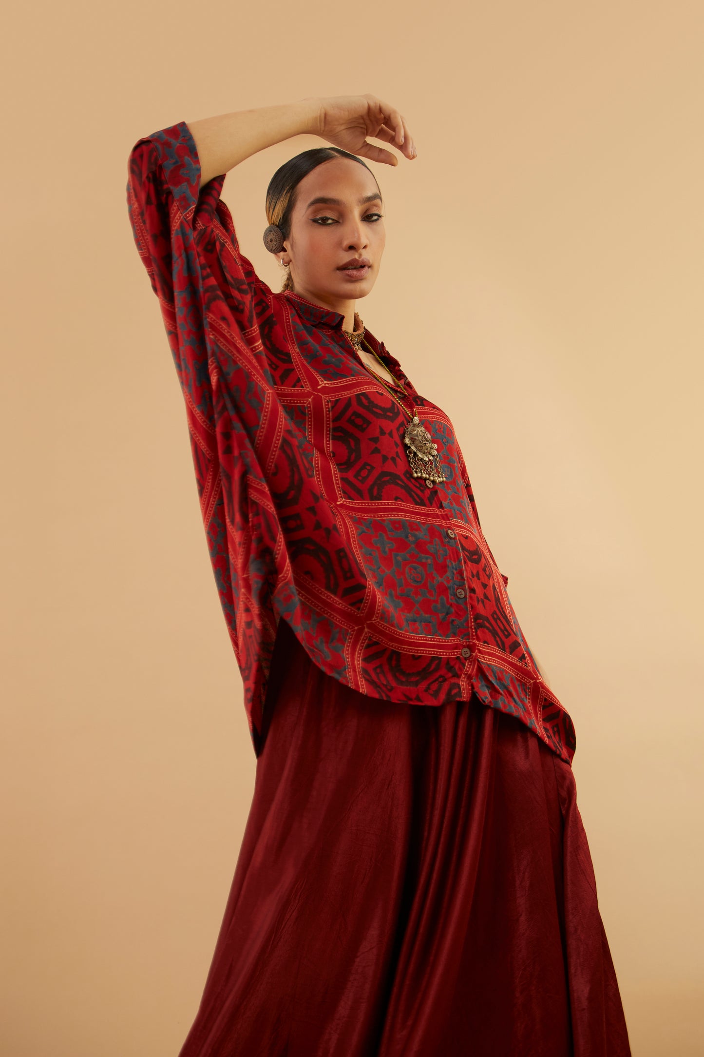 Red Ajrakh Modal Collar Shirt