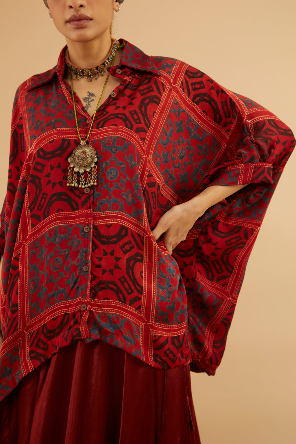 Varg Red Blue Ajrakh Collar Modal Shirt