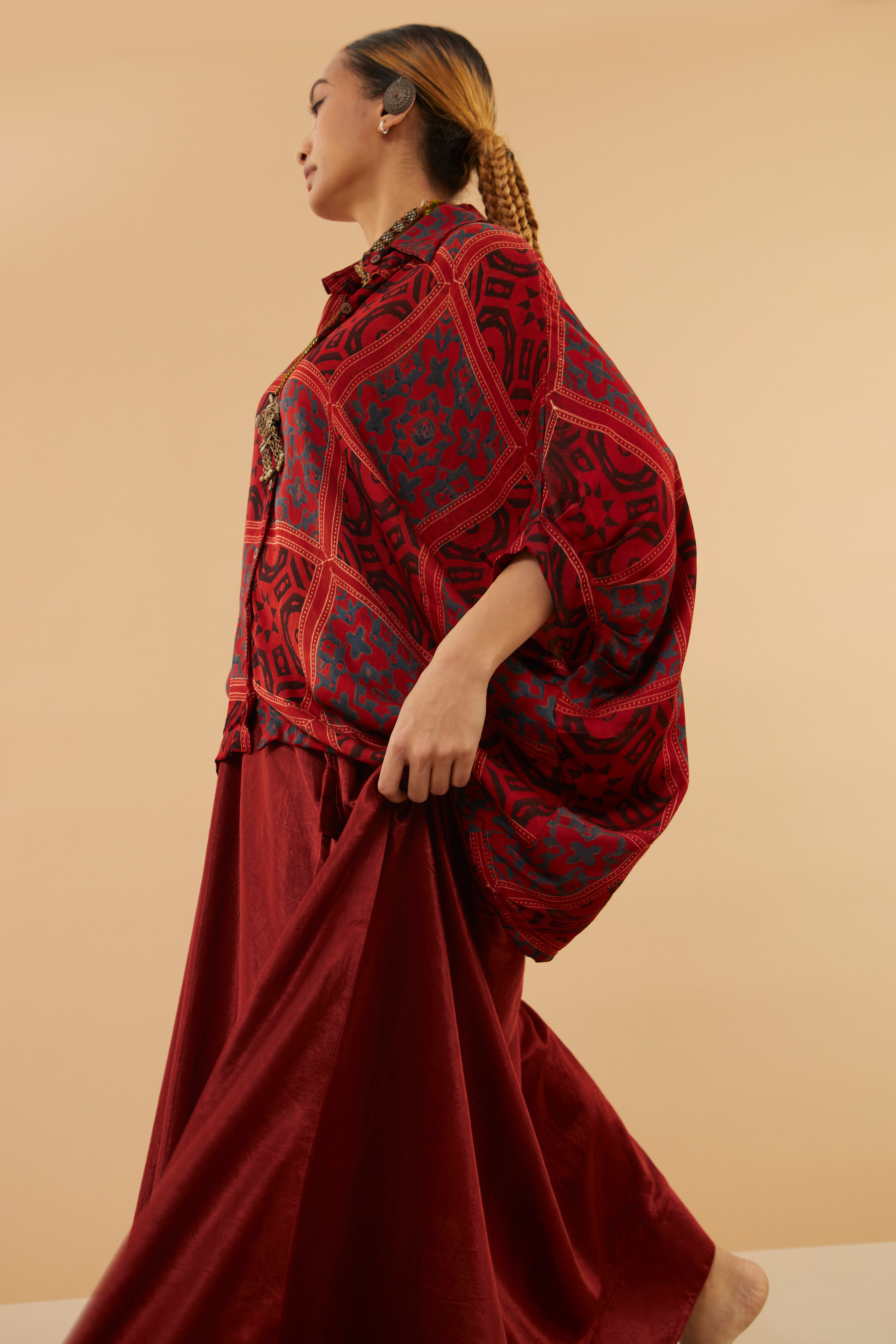 Varg Red Blue Ajrakh Collar Modal Shirt