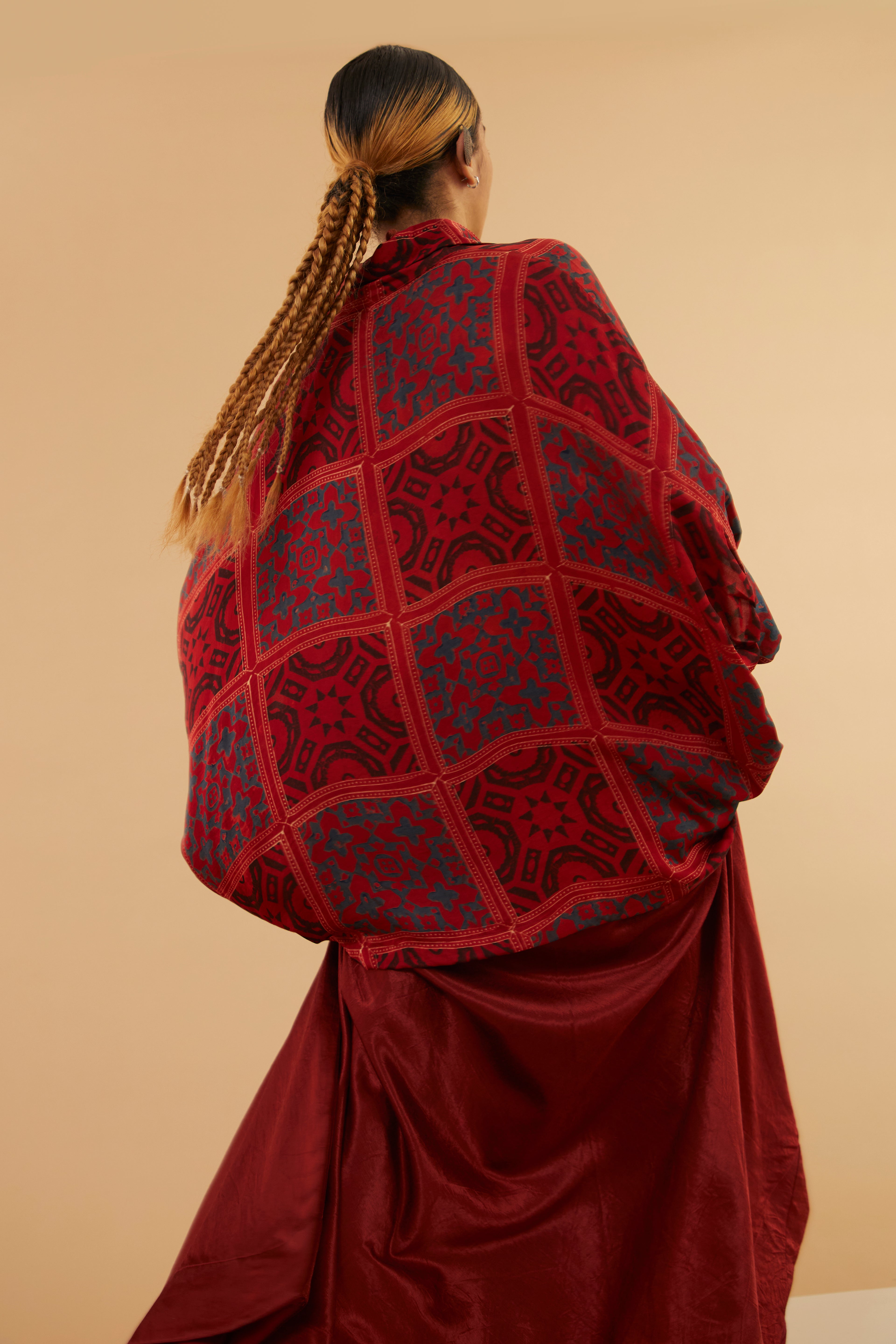 Varg Red Blue Ajrakh Collar Modal Shirt