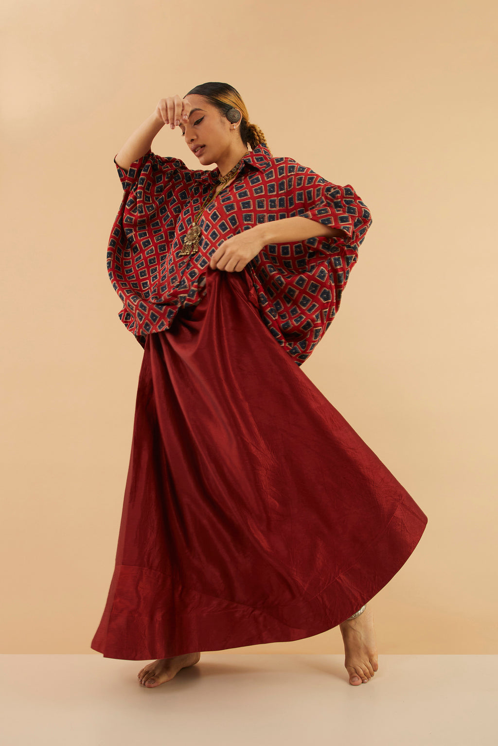 Duharaav Red Blue Ajrakh Collar Modal Shirt