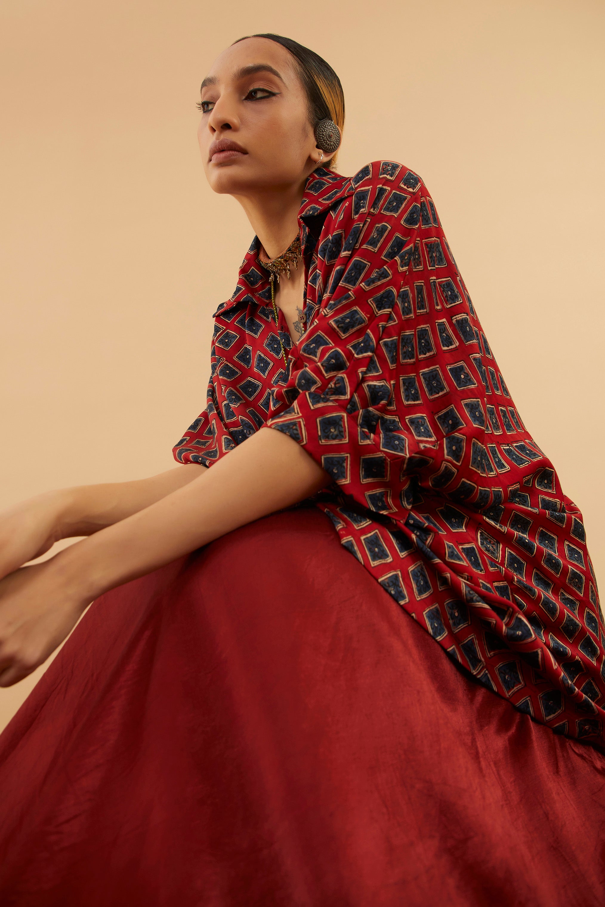 Duharaav Red Blue Ajrakh Collar Modal Shirt