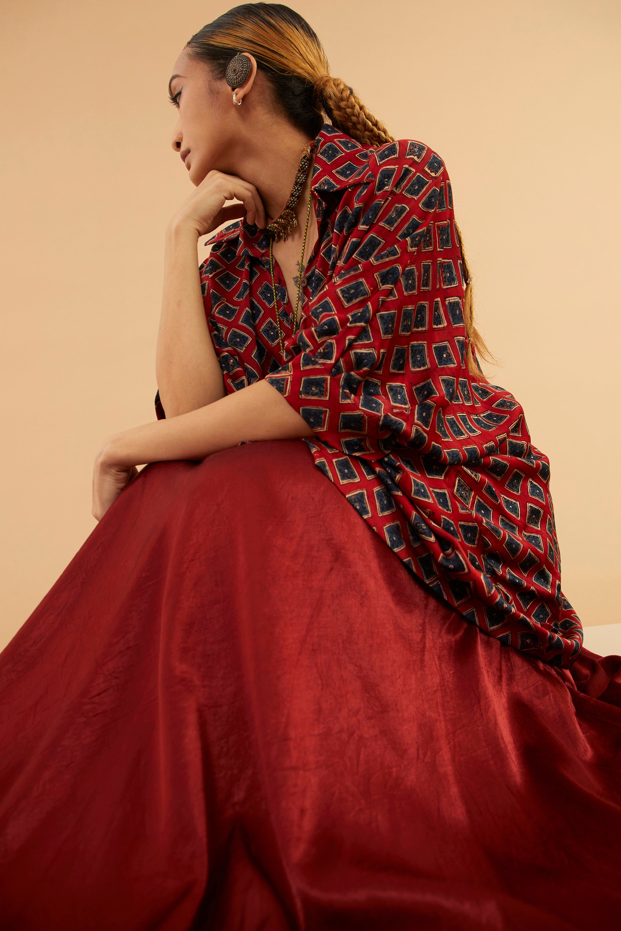 Duharaav Red Blue Ajrakh Collar Modal Shirt