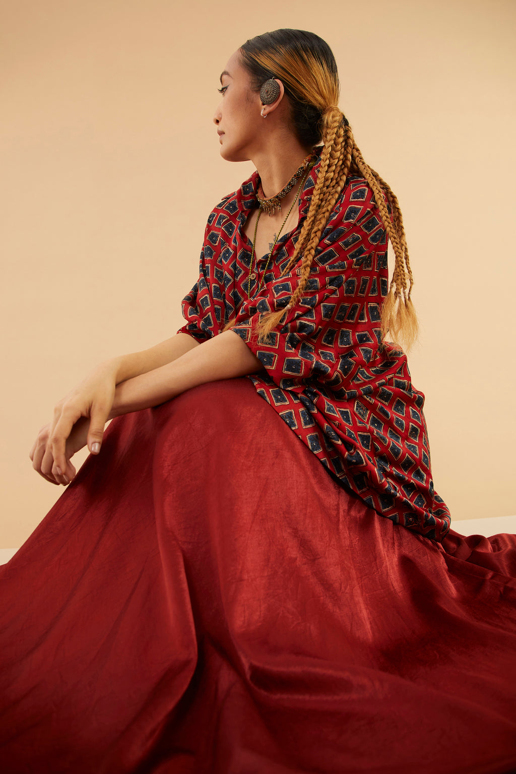 Duharaav Red Blue Ajrakh Collar Modal Shirt