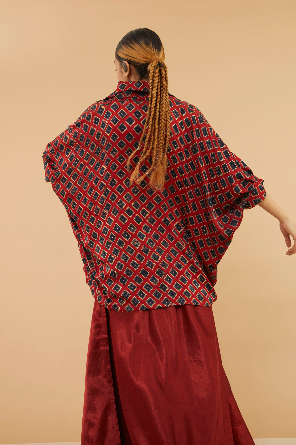 Duharaav Red Blue Ajrakh Collar Modal Shirt