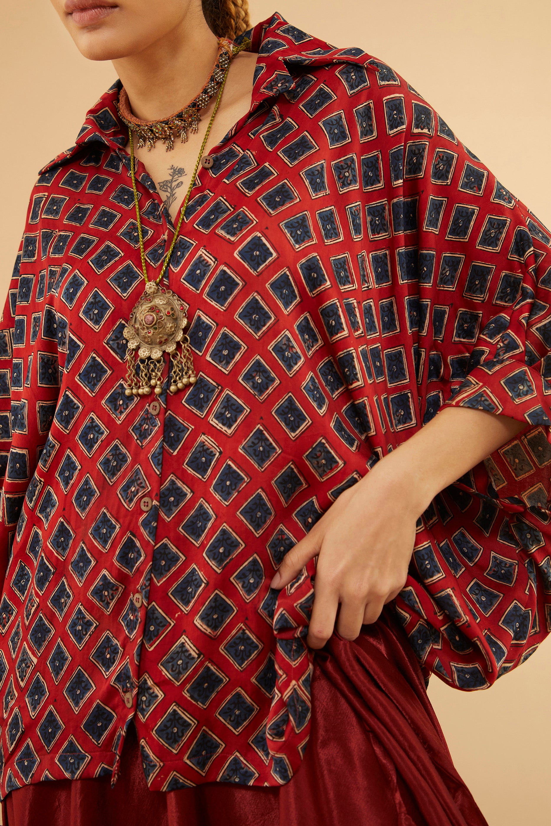 Duharaav Red Blue Ajrakh Collar Modal Shirt