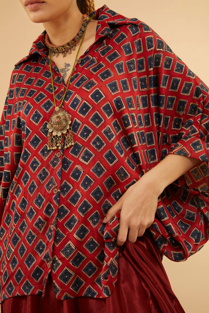 Red Blue Ajrakh Collar Shirt